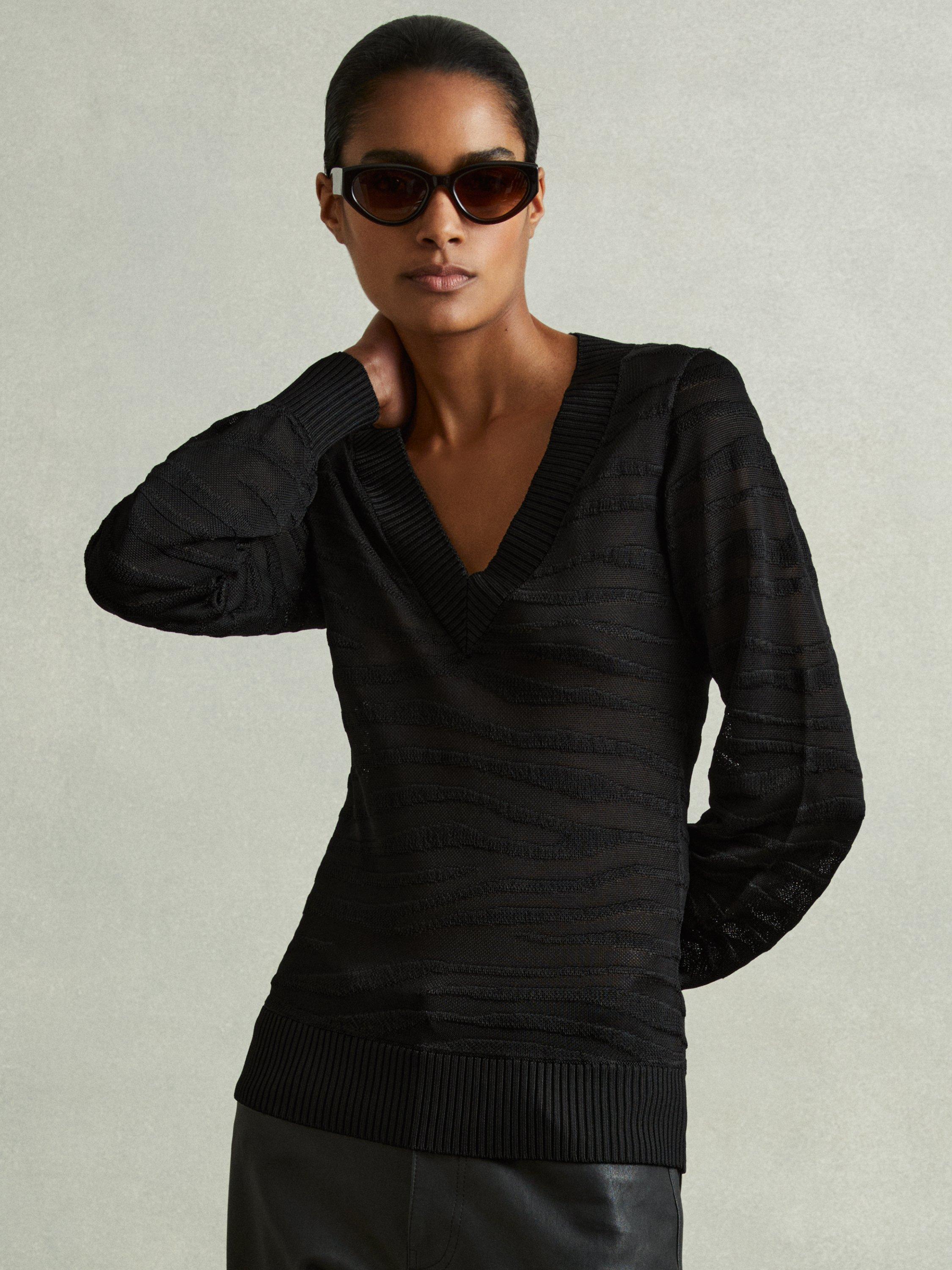 Reiss Zana Animal Stripe V Neck Jumper Black
