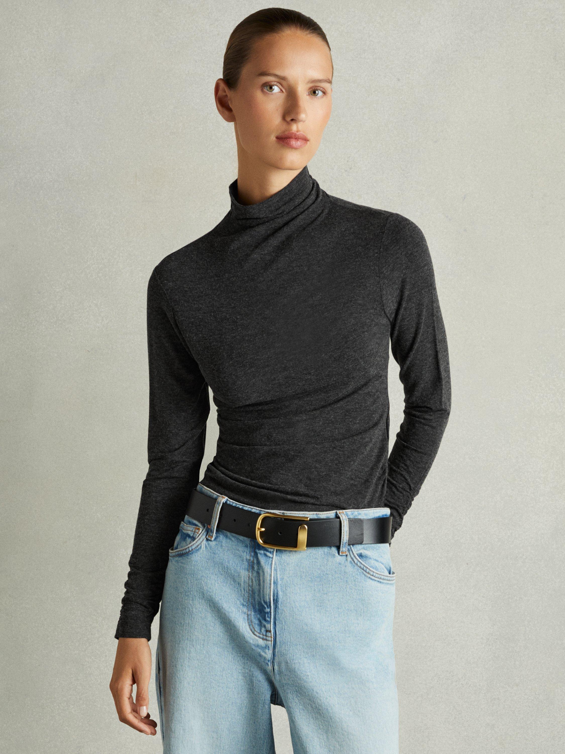 Reiss Louisa Ruched Wool Blend Funnel Neck Top