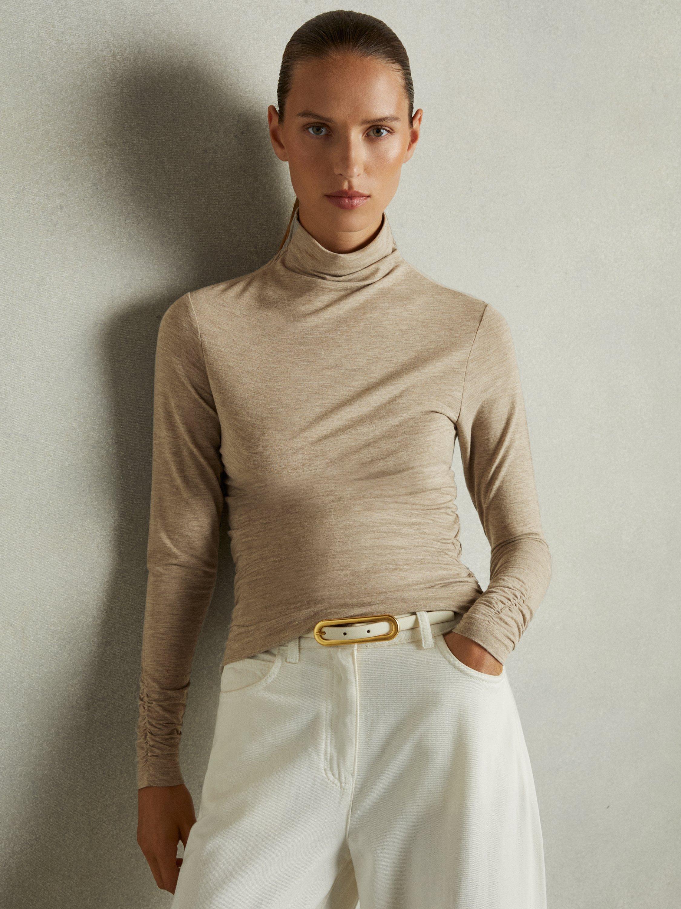Reiss Louisa Ruched Wool Blend Funnel Neck Top, Neutral