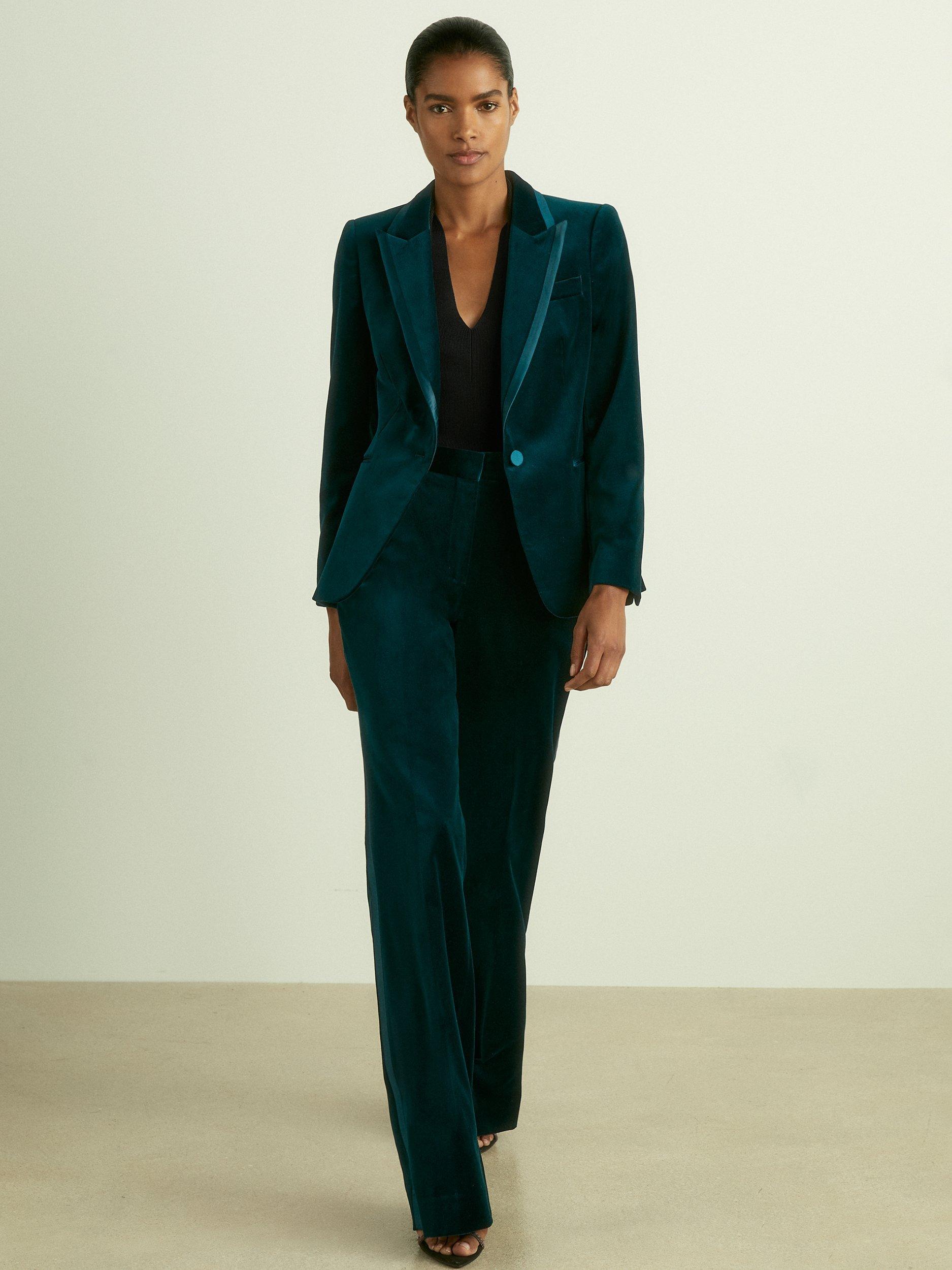 Product image 1 of 5, which shows Reiss Parisa Velvet Flared Suit Trousers, Teal, 8R
