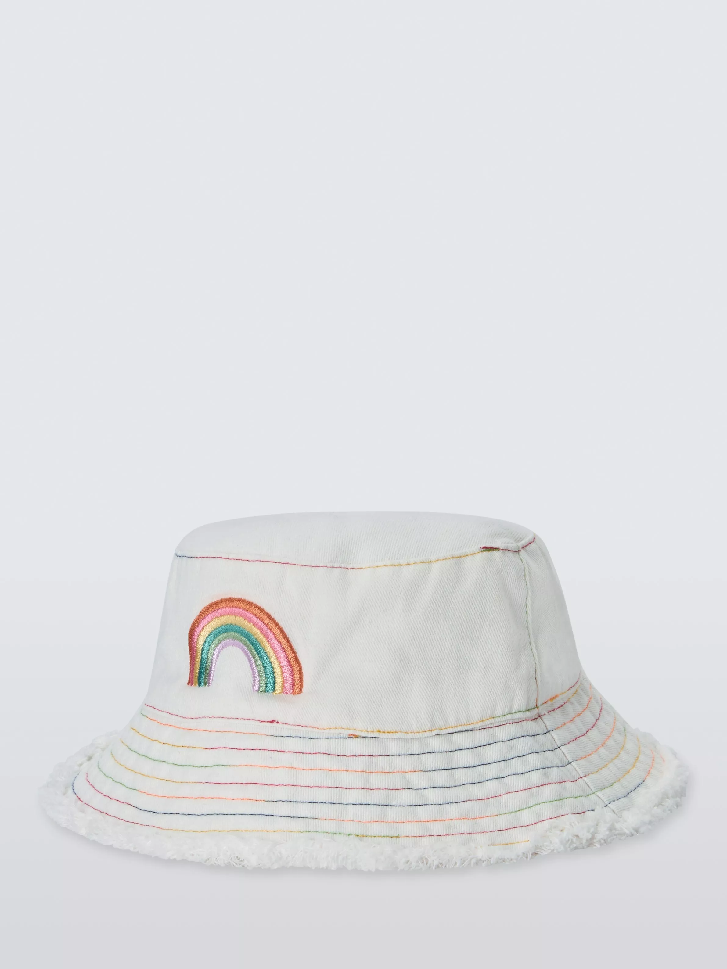 beige bucket hat with rainbow embroidery