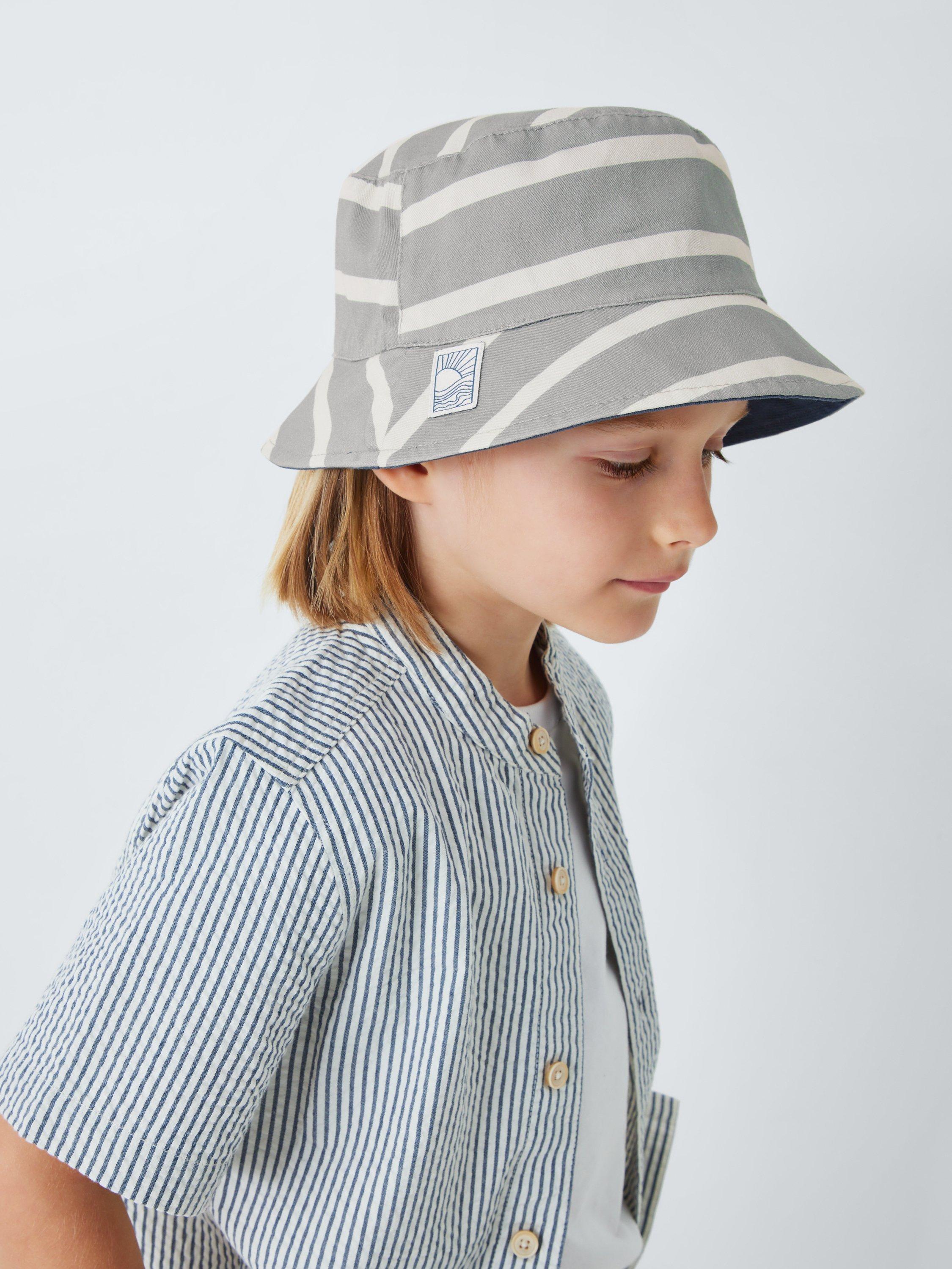 Product image 3 of 5, which shows John Lewis Kids' Stripe Reversible Bucket Hat, Grey, 3-5 years