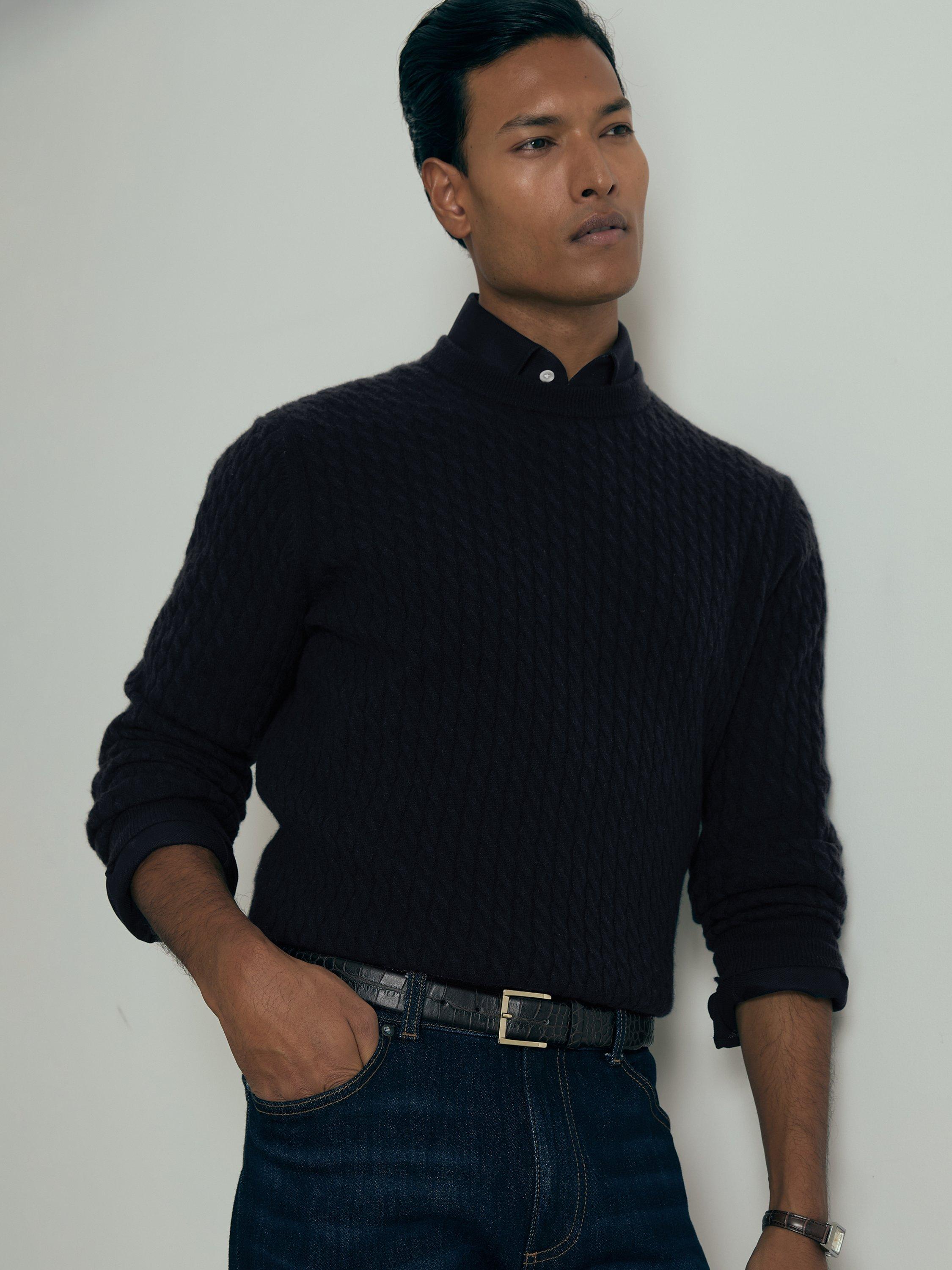 Reiss Harrogate Atelier Cashmere Cable Knit Crew Neck Jumper, Navy