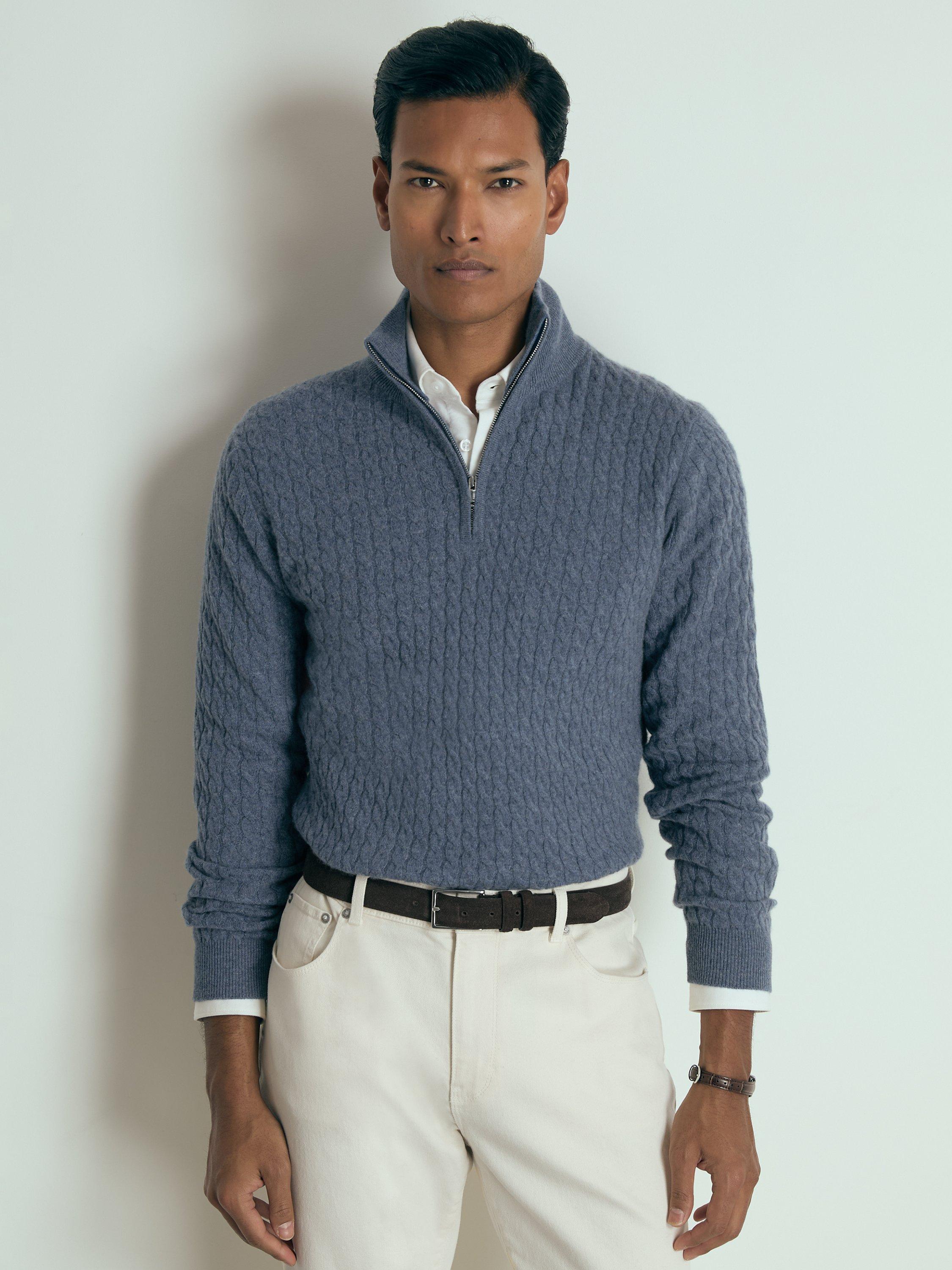 Reiss Richmond Atelier Cabled Cashmere Zip Neck Jumper, Airforce Blue