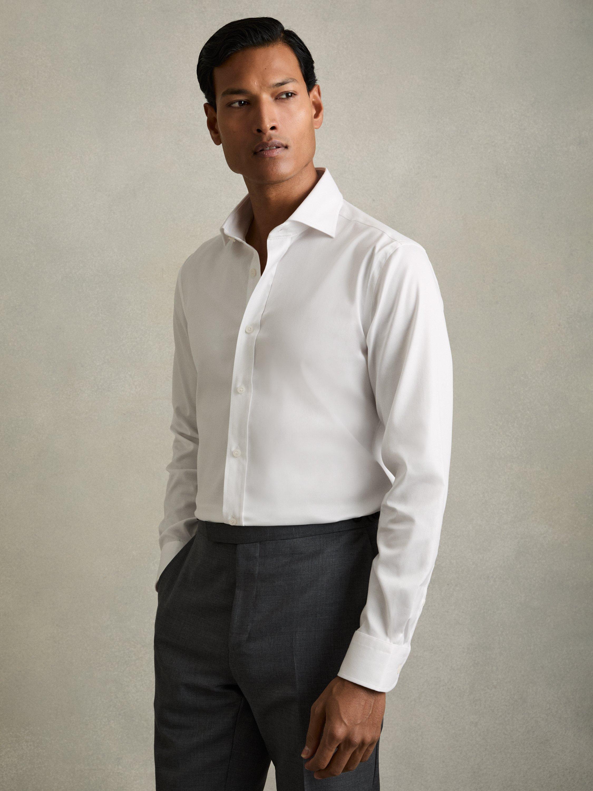 Product image 1 of 5, which shows Reiss Bishopsgate Cotton-Tencel Stretch Shirt, White, XS
