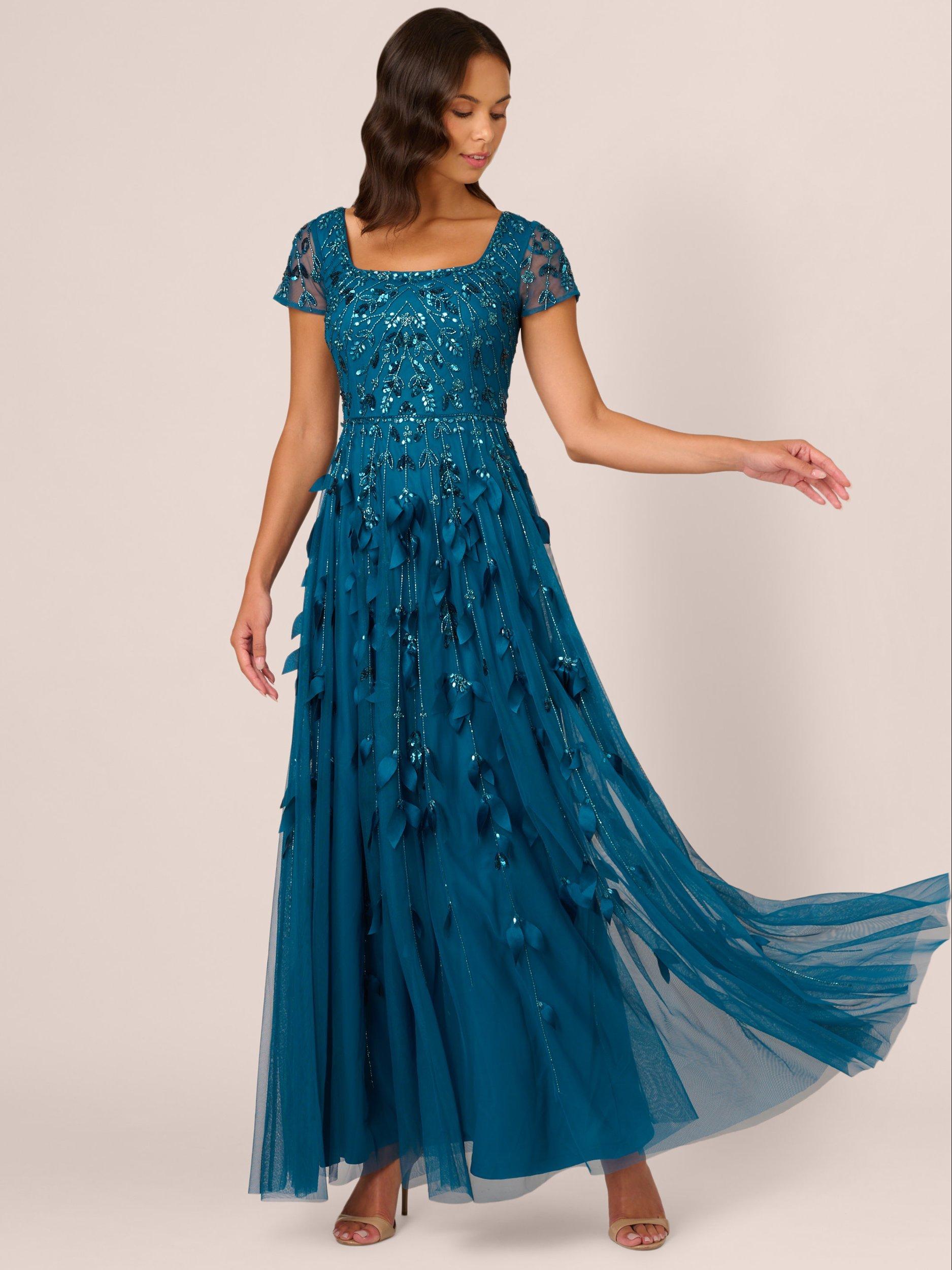 Adrianna Papell Bead 3D Petal Dress, Teal Sapphire