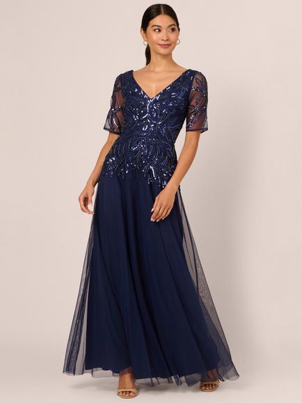 Adrianna Papell Papell Studio Beaded Mesh Long Dress, Light Navy, Light Navy