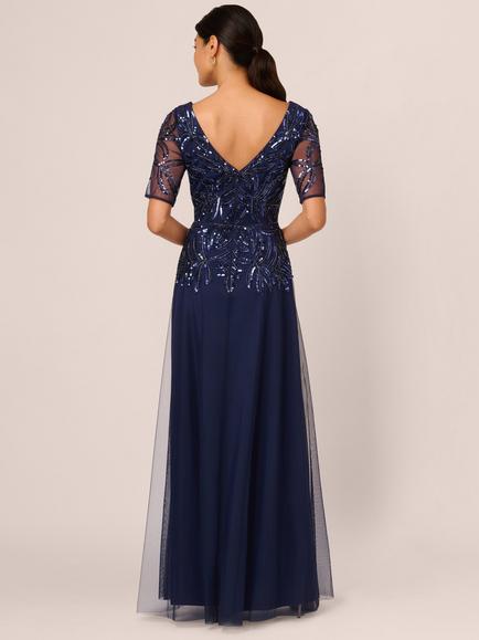 Adrianna Papell Papell Studio Beaded Mesh Long Dress, Light Navy - view 2, Light Navy