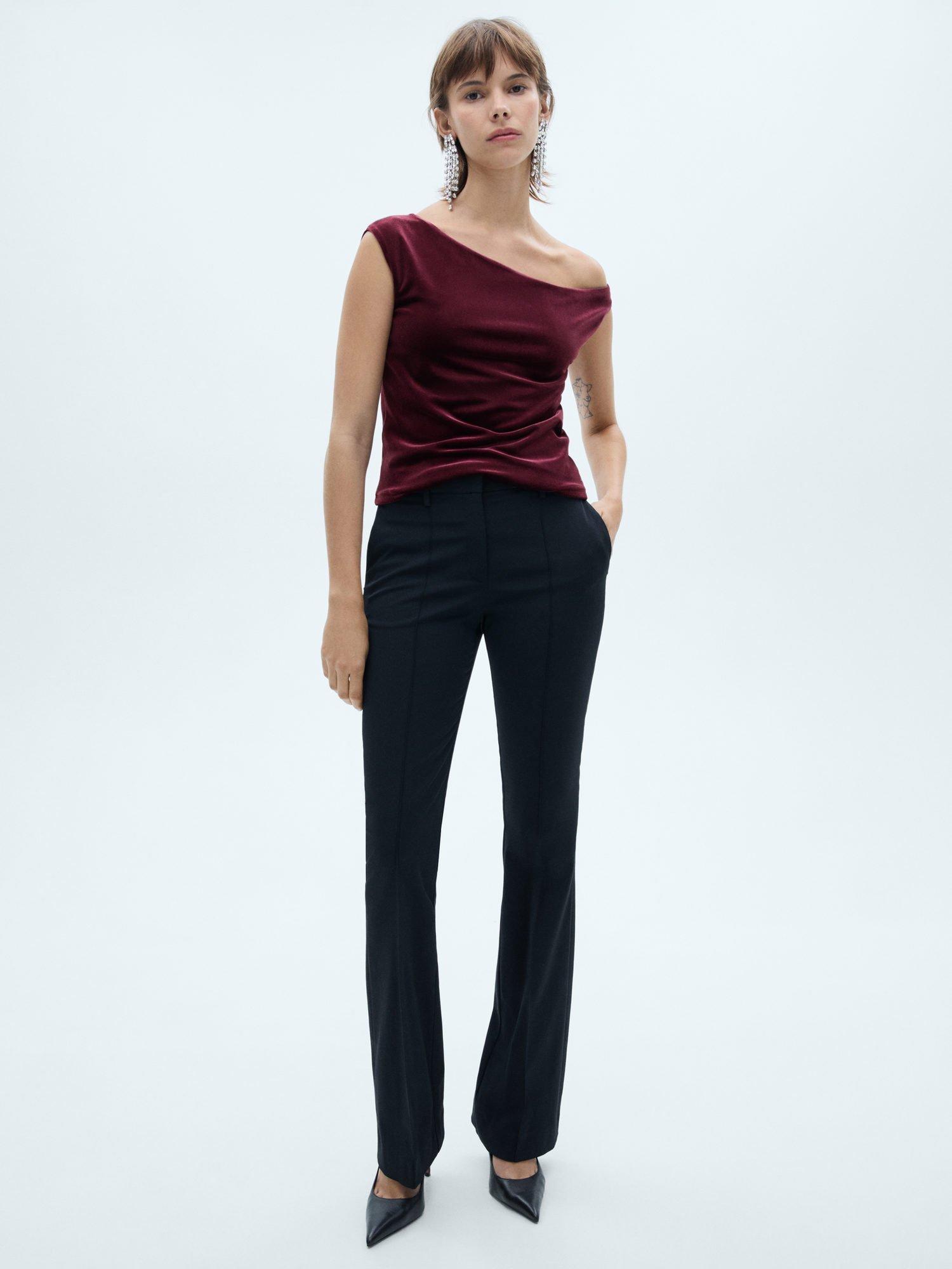 Mango Xvelvi Asymmetric Velvet Top, Dark Red