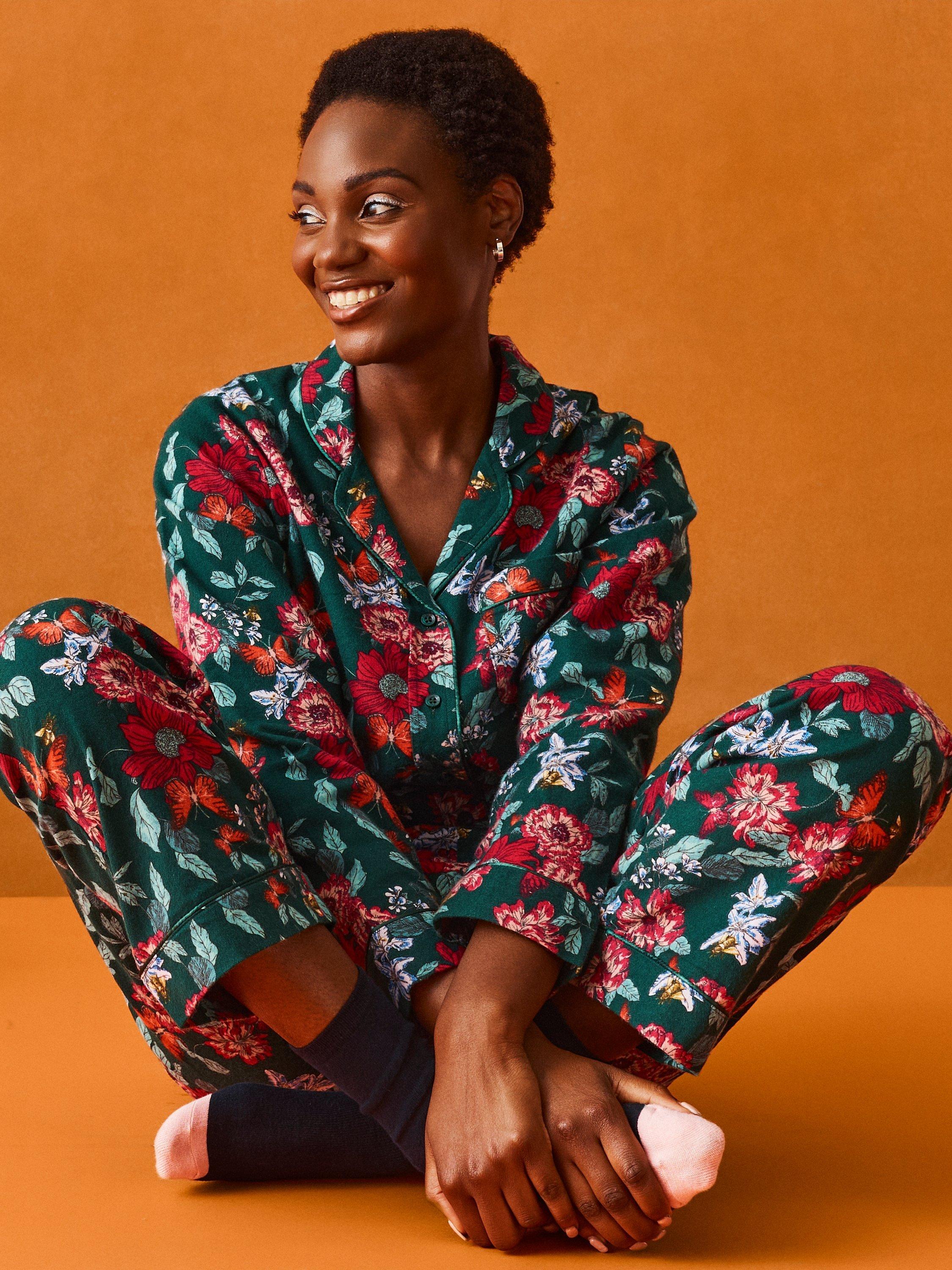 Crew Clothing Floral Brushed Cotton Pyjama Set, Green/Multi