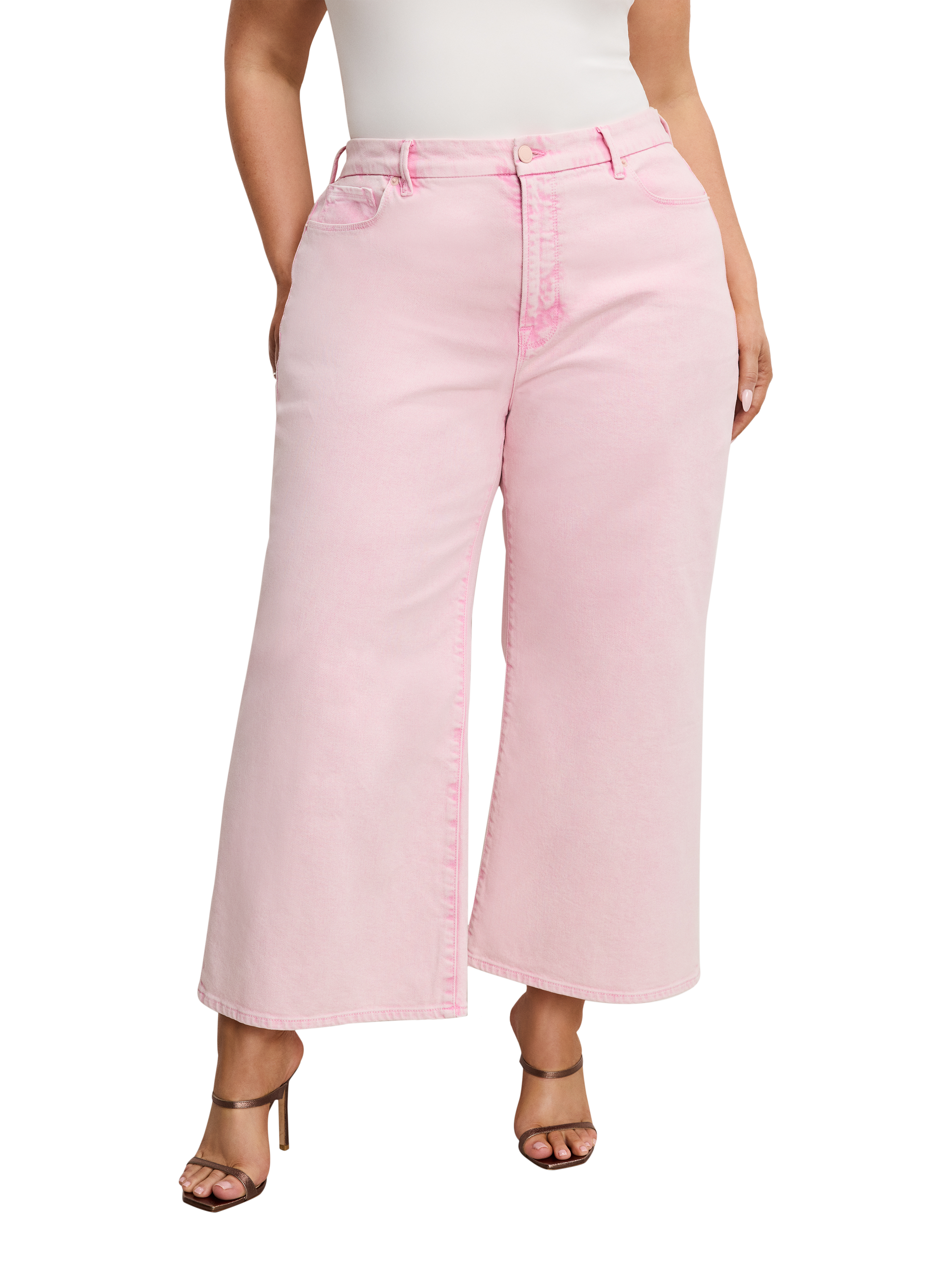 Product image 1 of 3, which shows Good American Good Waist Cropped Palazzo Jeans, Mineralrosequartz001, 26