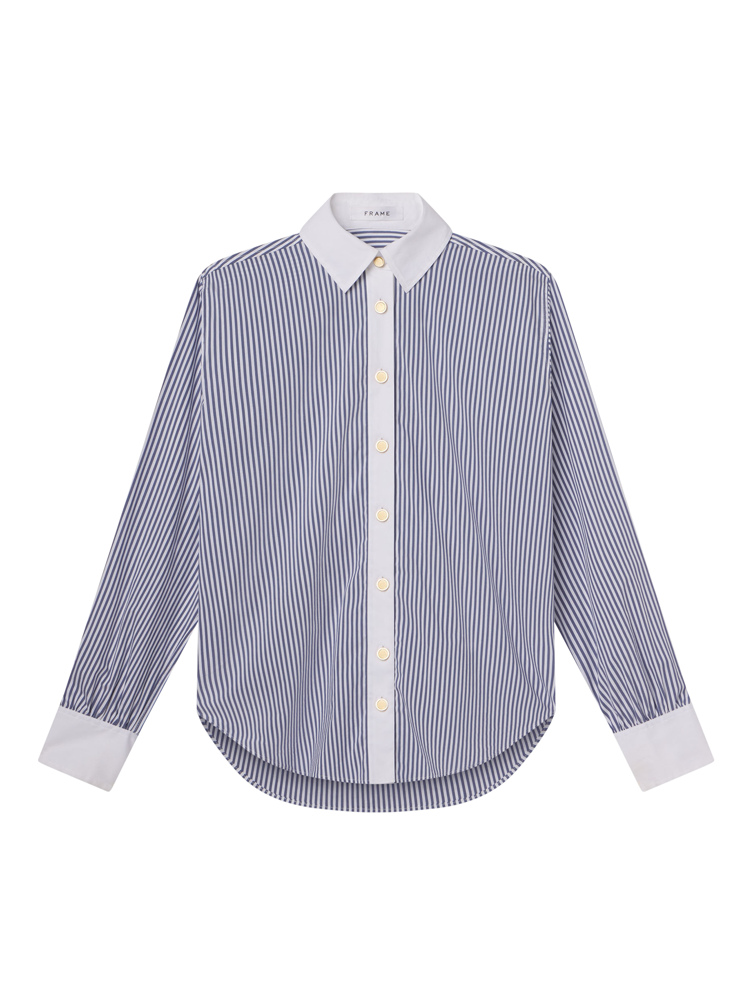 Product image 2 of 4, which shows FRAME The Borrowed Stripe Shirt, Blue/White, XS
