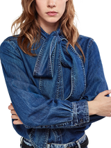 FRAME The Secretary Tie Neck Denim Top, Blue