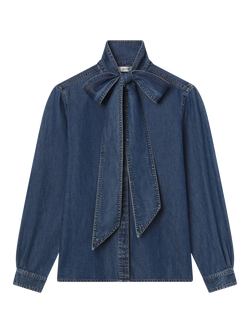 FRAME The Secretary Tie Neck Denim Top, Blue - view 2, Blue