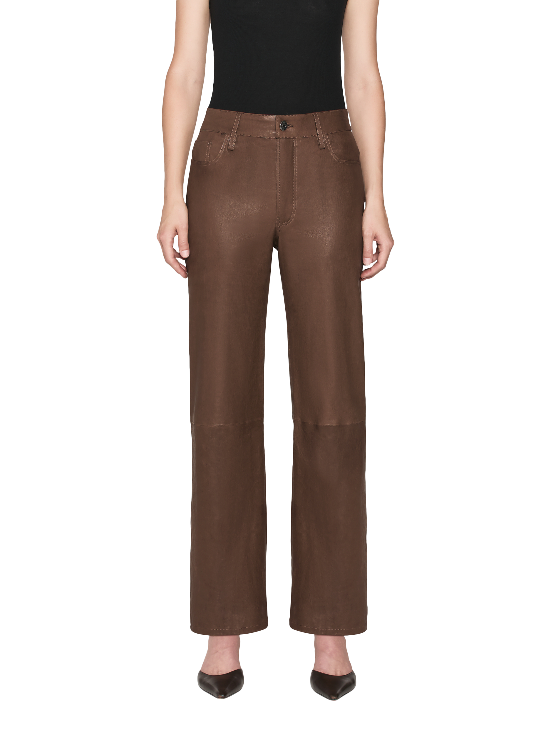 Product image 1 of 4, which shows FRAME Slim Palazzo Pure Leather Trousers, Dark Brown, 31