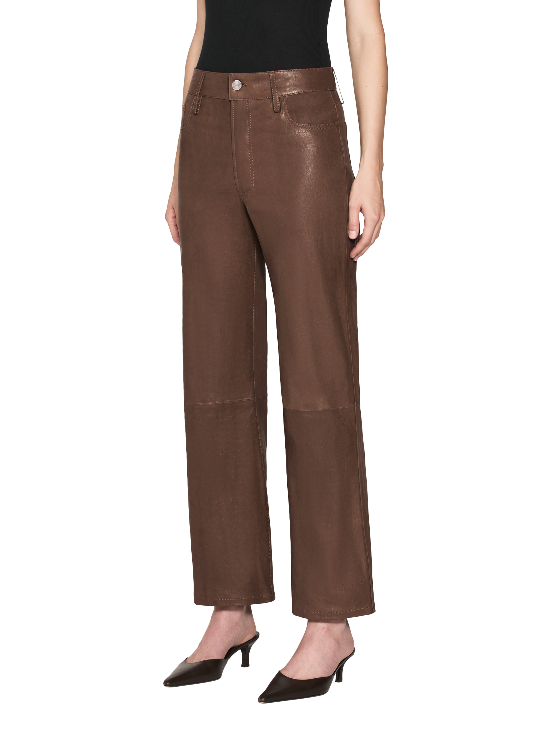 Product image 2 of 4, which shows FRAME Slim Palazzo Pure Leather Trousers, Dark Brown, 31