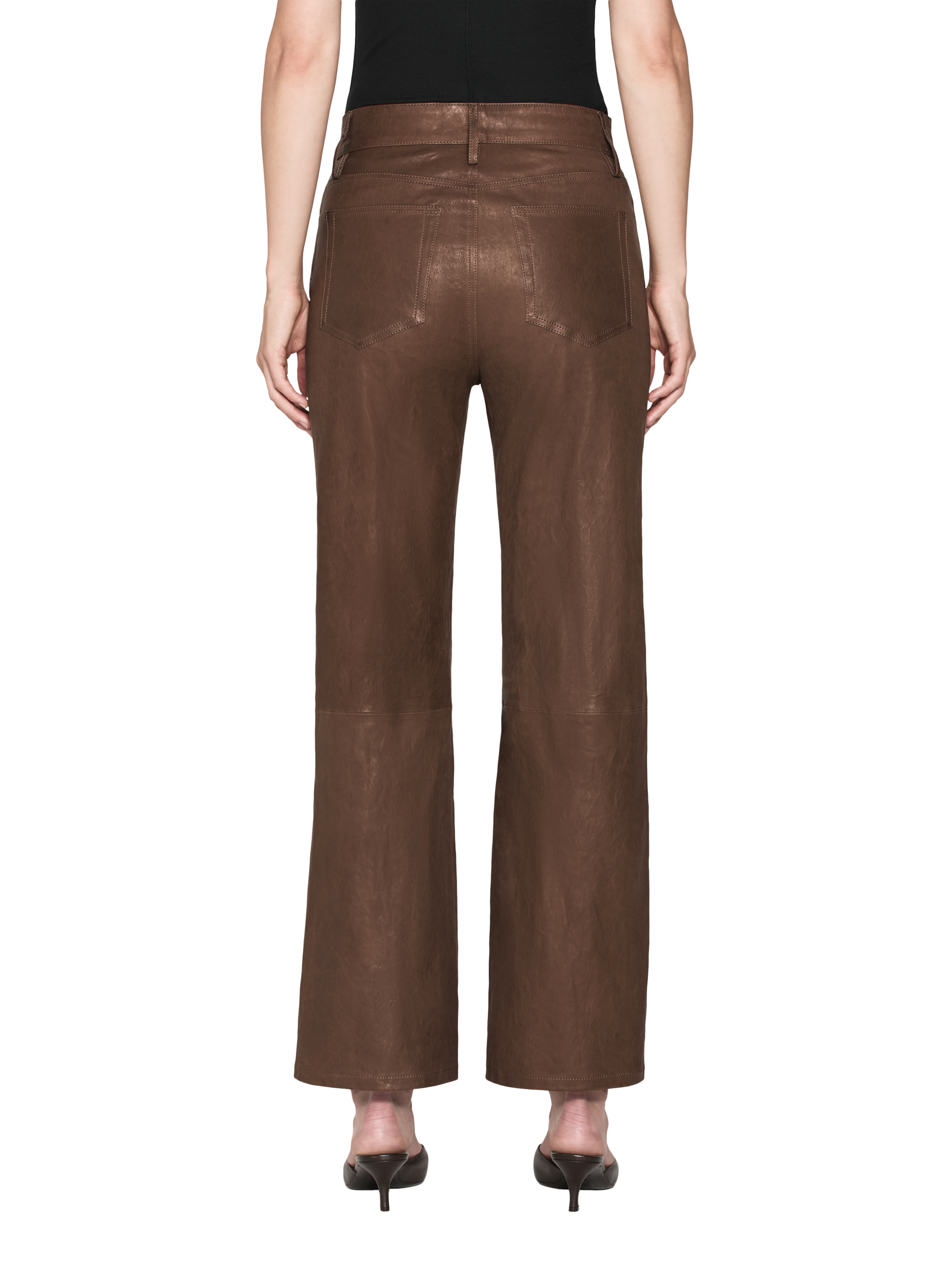 Product image 3 of 4, which shows FRAME Slim Palazzo Pure Leather Trousers, Dark Brown, 31