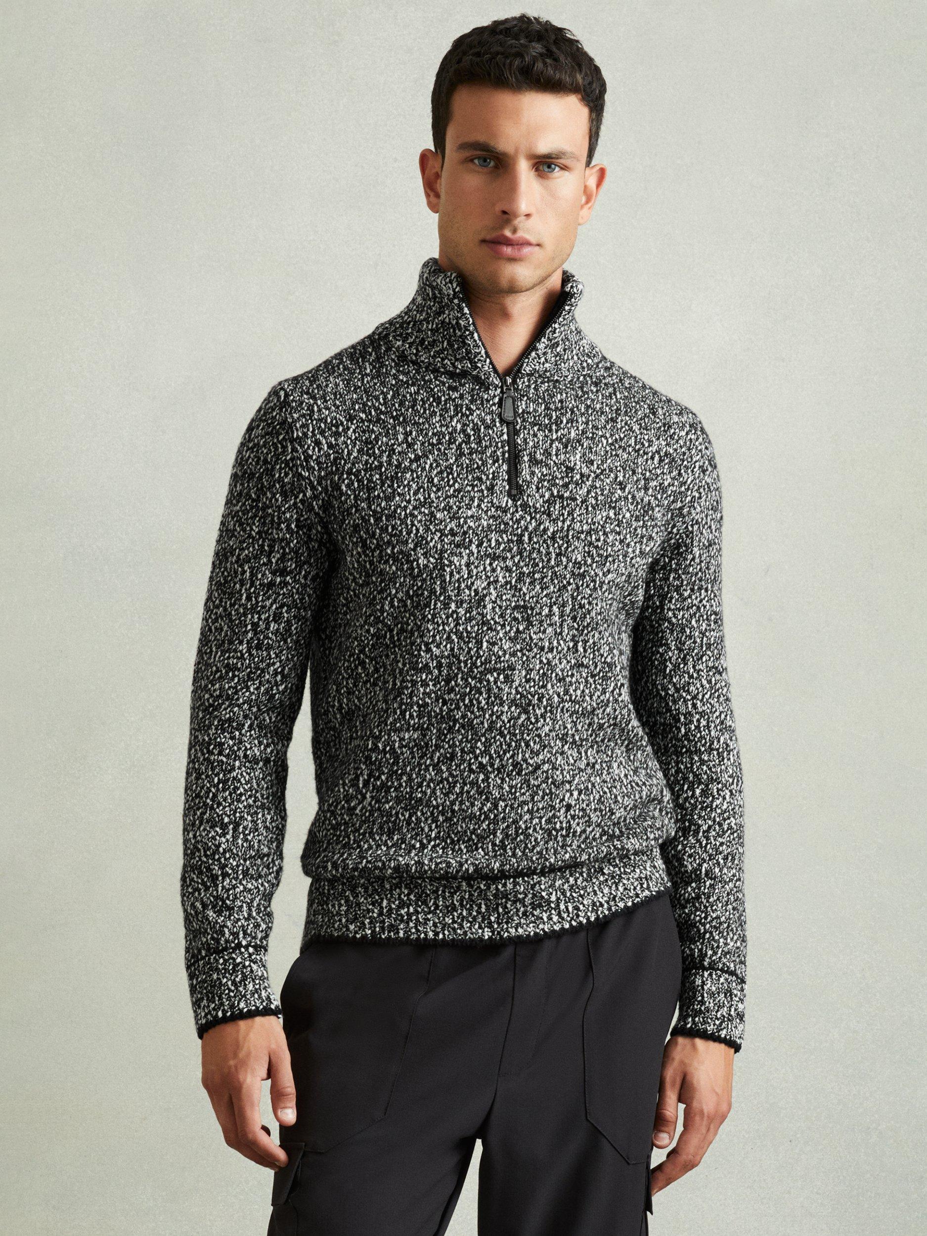 Product image 1 of 5, which shows Reiss Jamieson Marled Cotton Wool Funnel Neck Jumper, Black/White, S