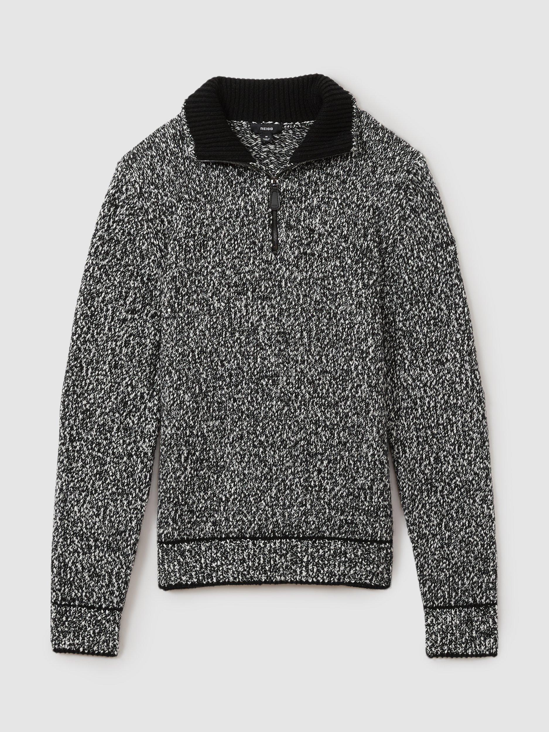 Product image 3 of 5, which shows Reiss Jamieson Marled Cotton Wool Funnel Neck Jumper, Black/White, S