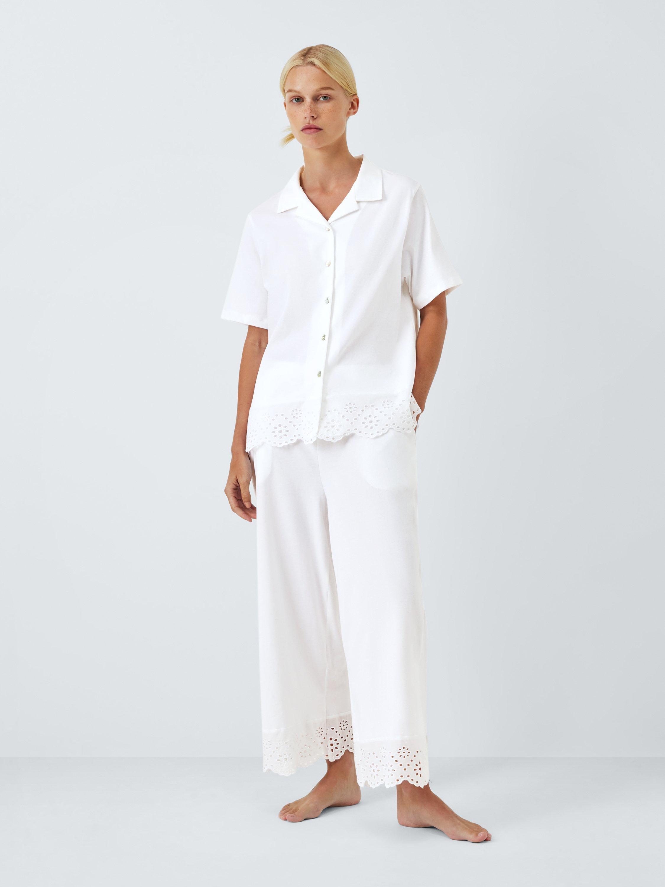 Product image 1 of 6, which shows John Lewis Broderie Anglaise Hem Cropped Pyjama Set, Ivory, 8