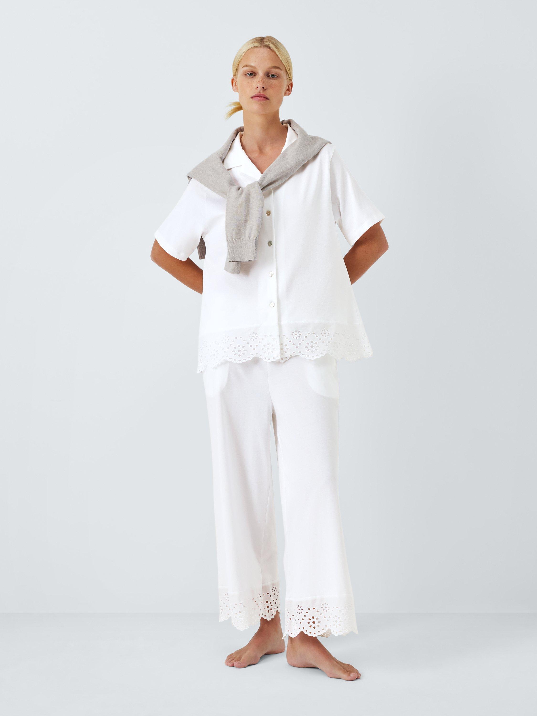 Product image 3 of 6, which shows John Lewis Broderie Anglaise Hem Cropped Pyjama Set, Ivory, 8