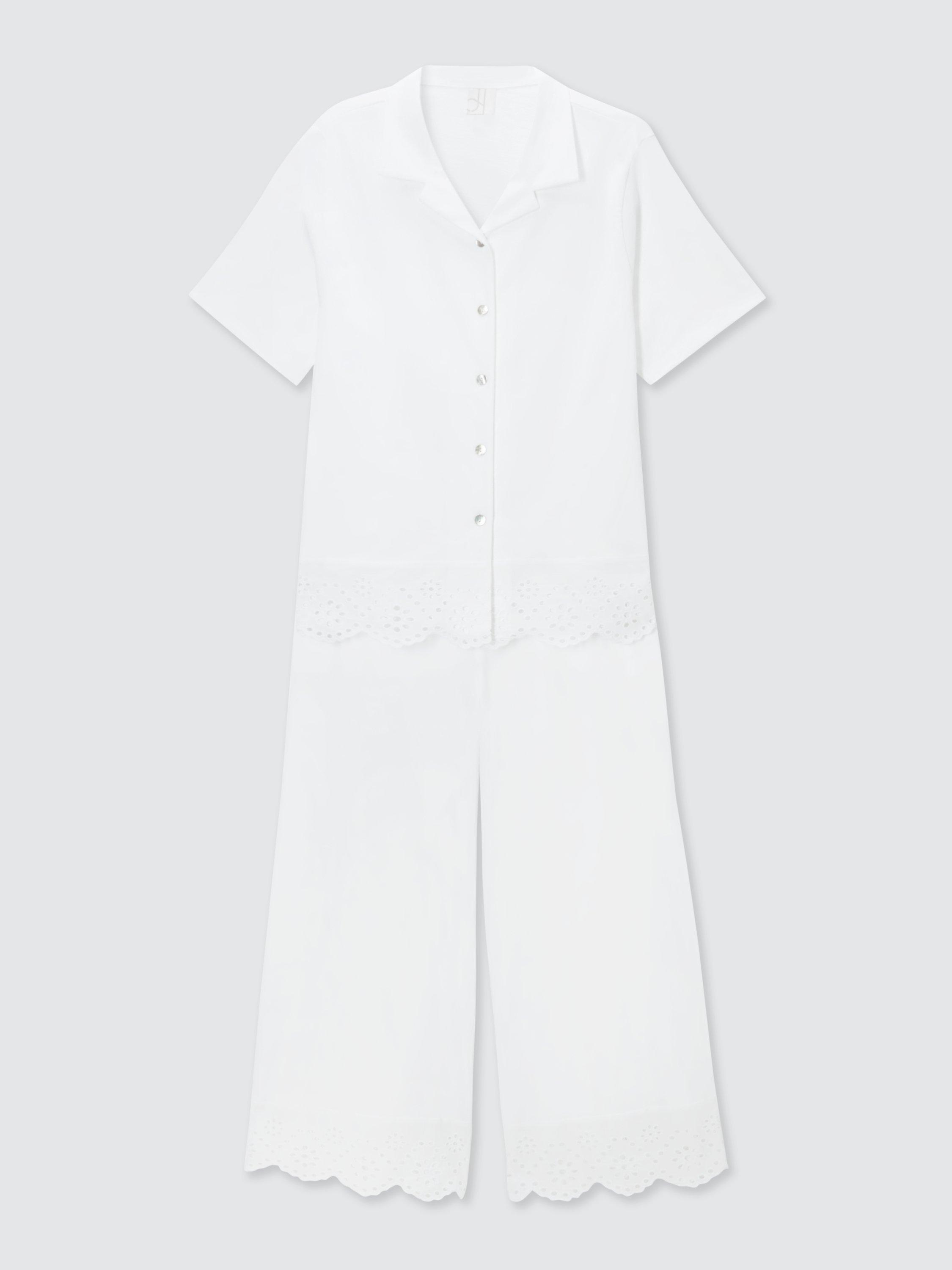 Product image 4 of 6, which shows John Lewis Broderie Anglaise Hem Cropped Pyjama Set, Ivory, 8