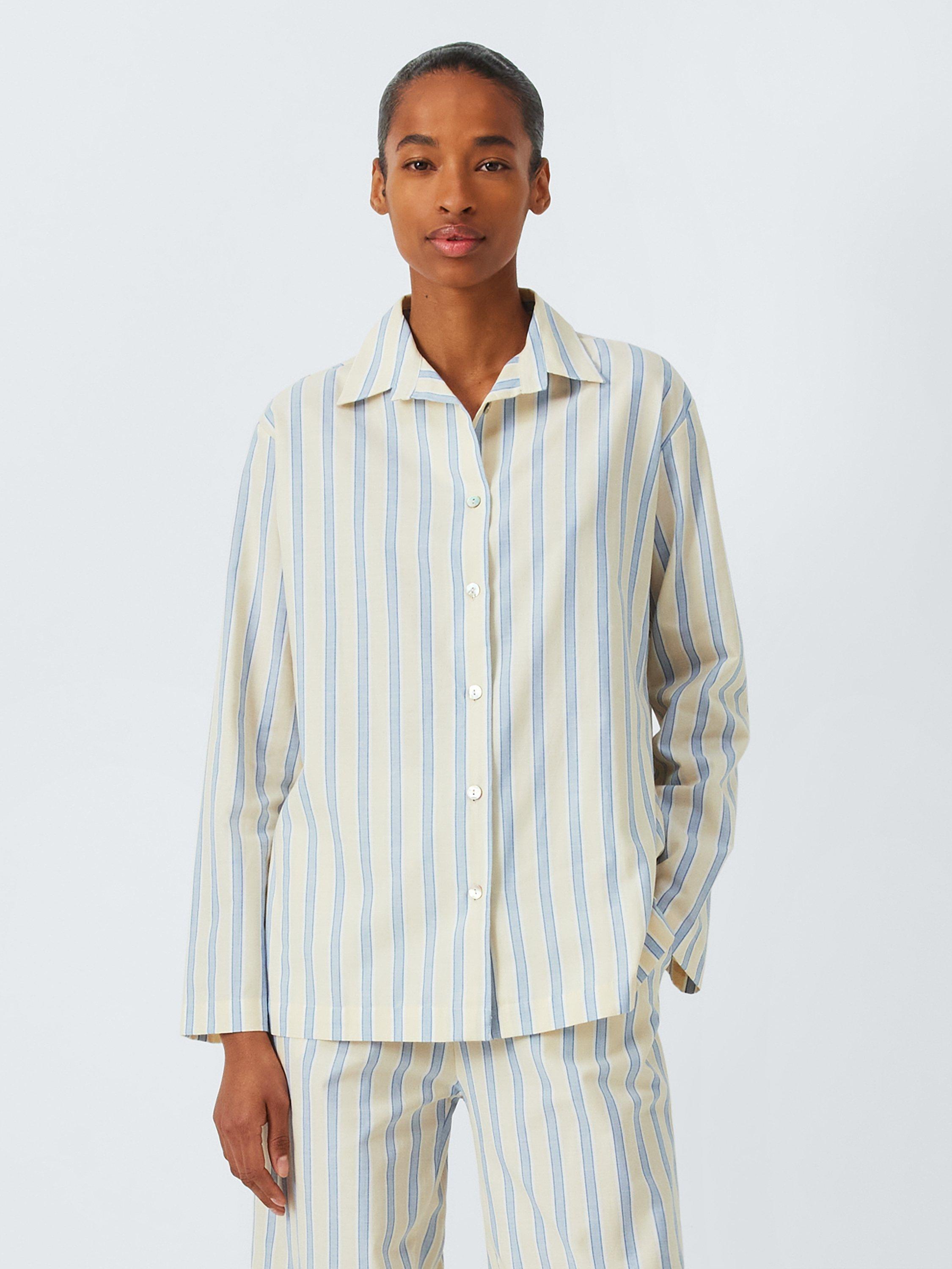 Product image 1 of 6, which shows John Lewis Chambray Stripe Long Pyjama Set, Buttermilk/Blue, 8