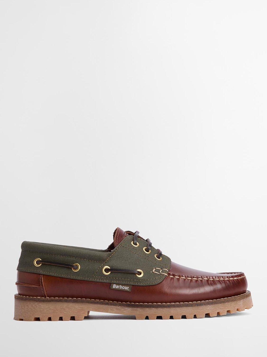 Product image 1 of 6, which shows Barbour Leather Re-Engineered Deck Boat Shoes, Mahogany/Olive, 7