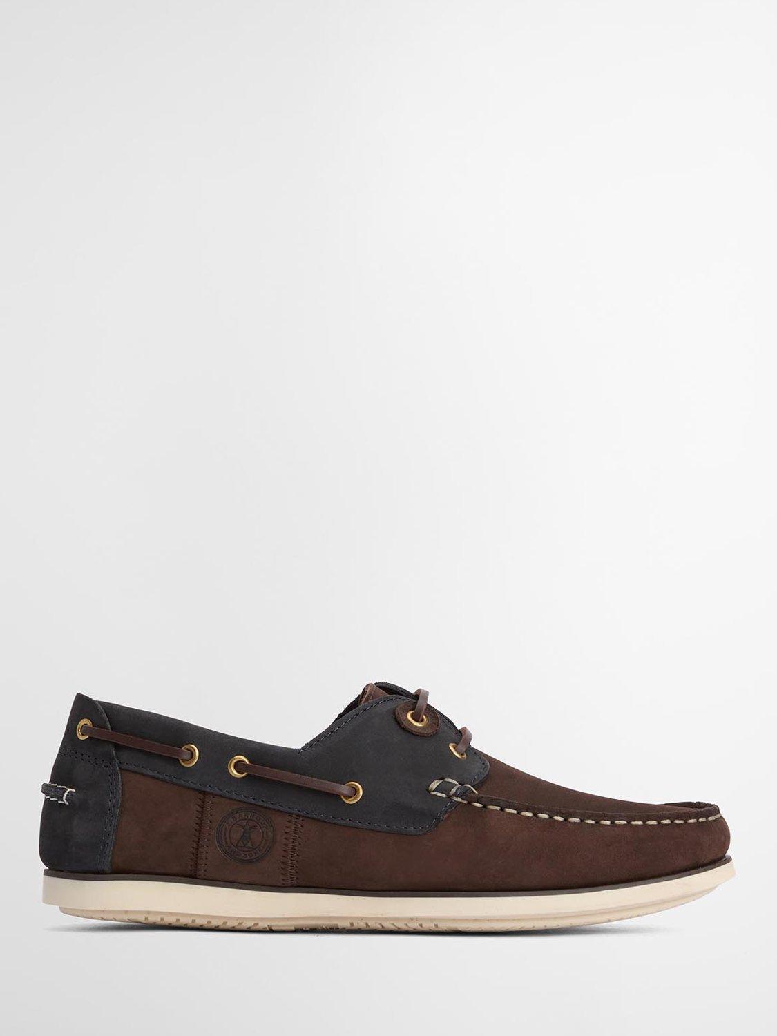 Product image 1 of 6, which shows Barbour Wake Leather Boat Shoes, Tan/Navy, 7