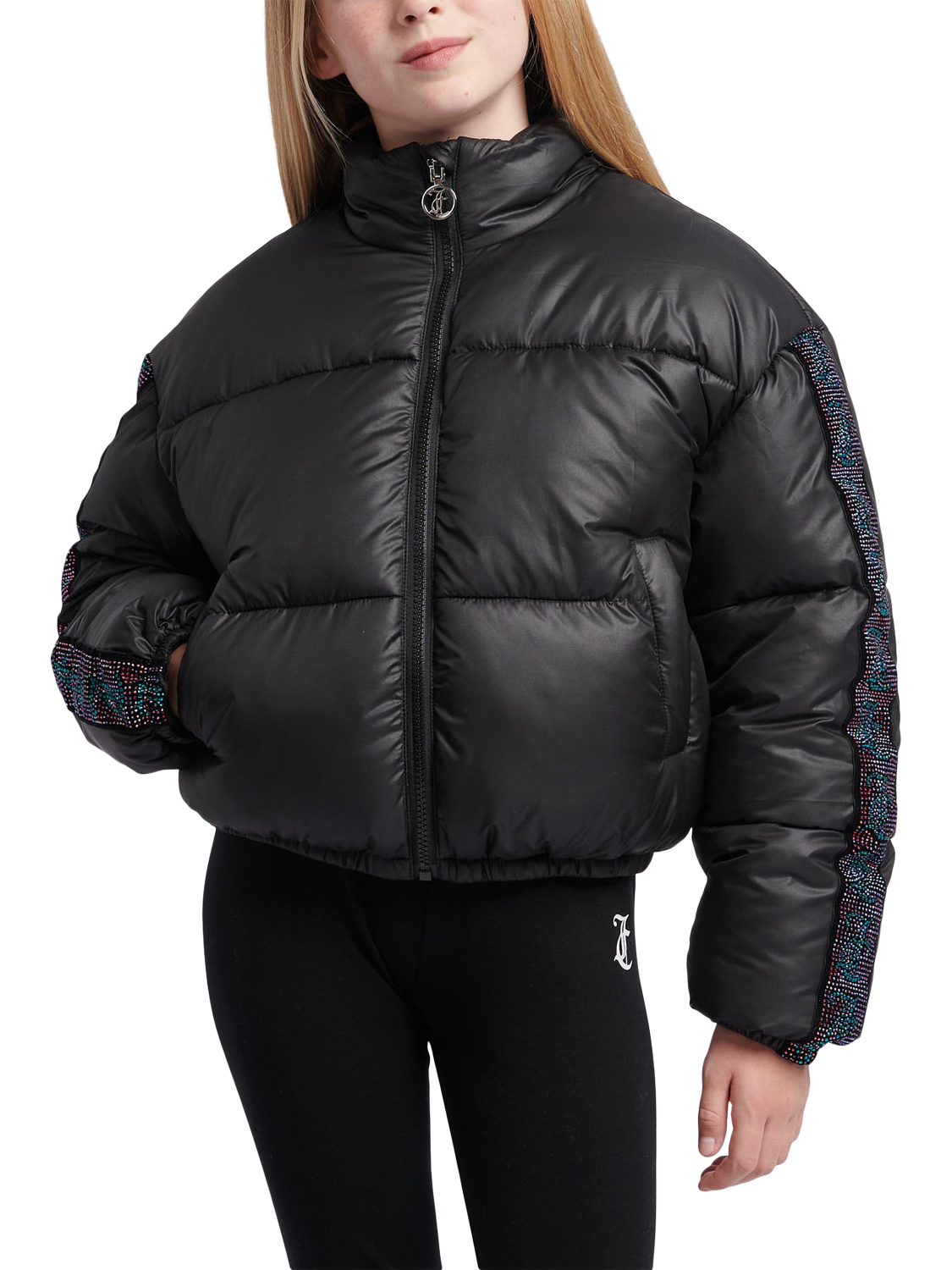 Product image 1 of 11, which shows Juicy Couture Kids' Diamante Diamante Puffer Jacket, Black, 7-8 years