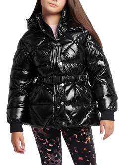 Juicy Couture Kids' High Shine Belted Puffer Jacket, Black, Black