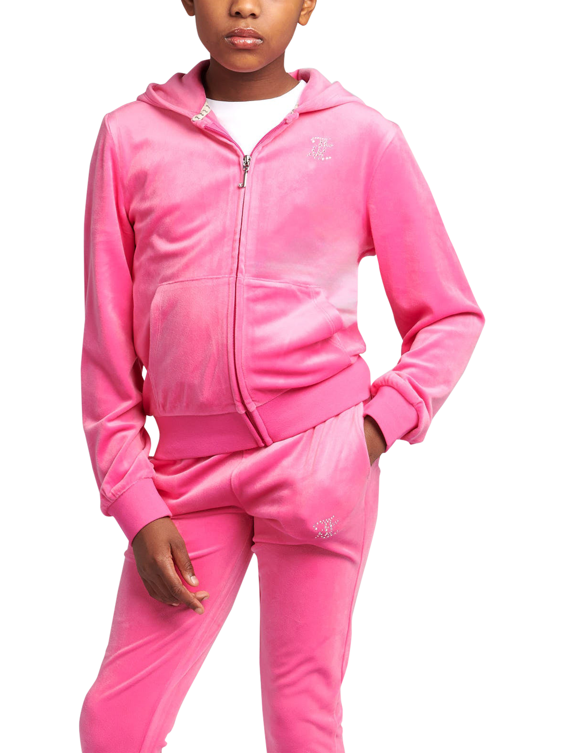 Product image 1 of 6, which shows Juicy Couture Kids' Diamante Zip-Through Hoodie, Fuchsia, 7-8 years