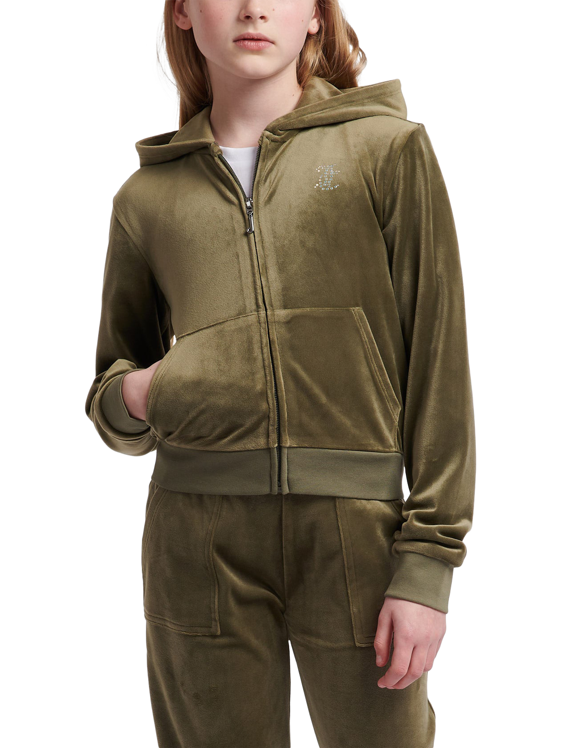 Product image 1 of 7, which shows Juicy Couture Kids' Mini Diamante Zip Hoodie, Tea Leaf, 7-8 years