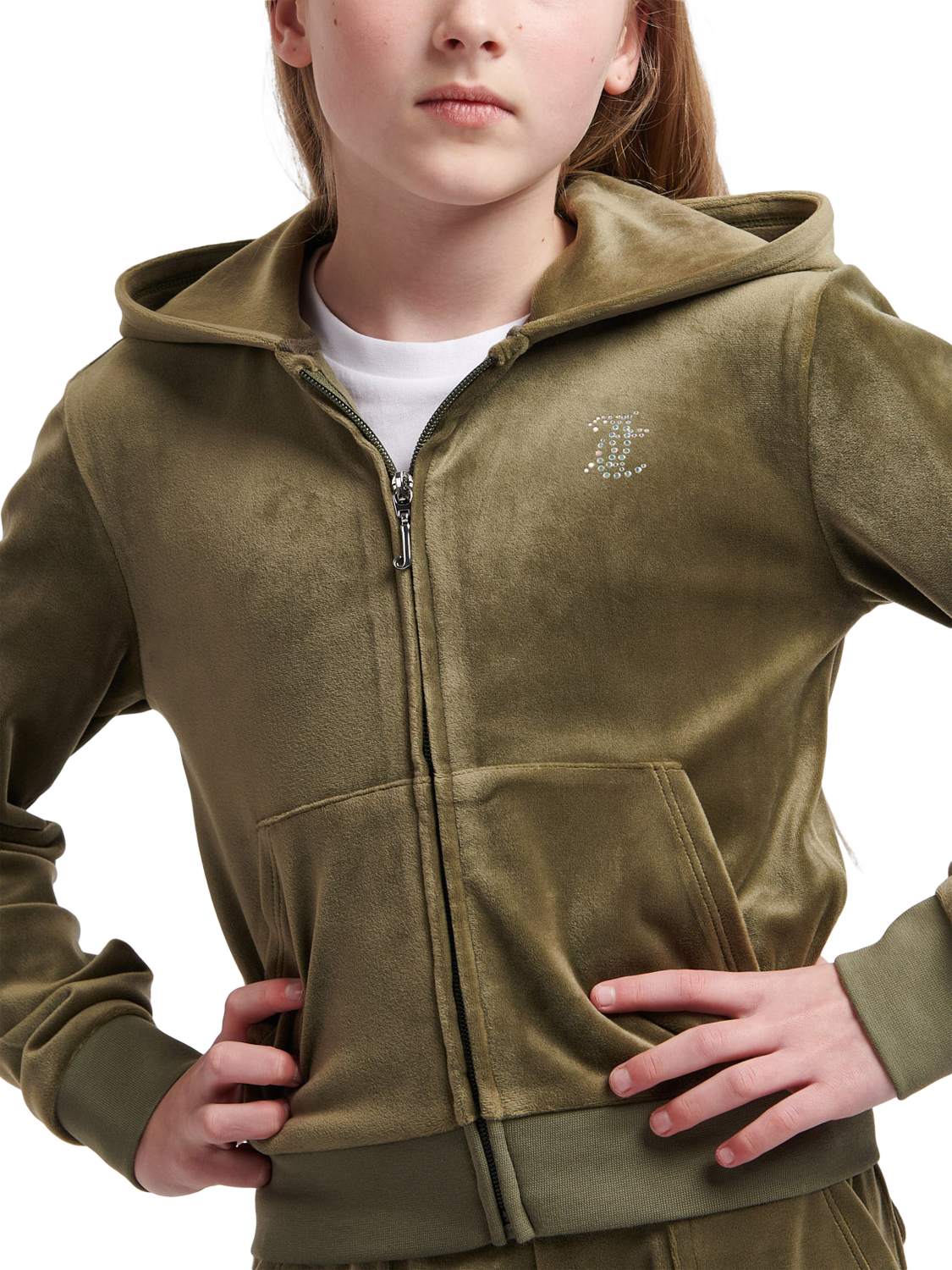Product image 3 of 7, which shows Juicy Couture Kids' Mini Diamante Zip Hoodie, Tea Leaf, 7-8 years