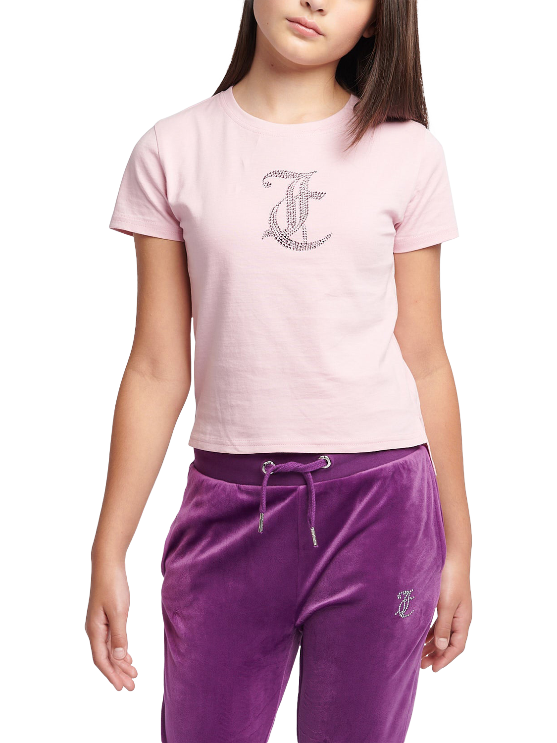 Product image 1 of 7, which shows Juicy Couture Kids' Tonal Diamante Fitted T-Shirt, Pink Nectar, 7-8 years