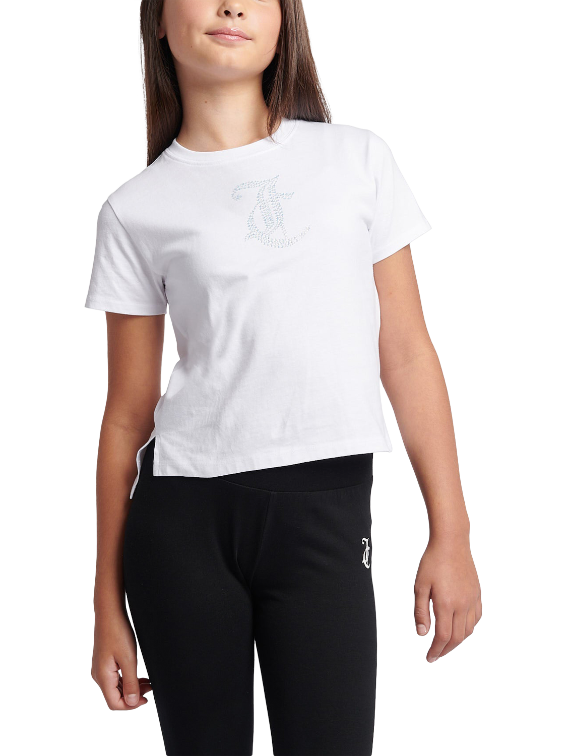 Product image 1 of 8, which shows Juicy Couture Kids' Tonal Diamante Fitted T-Shirt, Bright White, 7-8 years