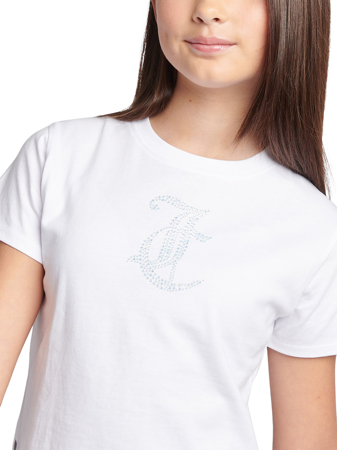 Product image 2 of 8, which shows Juicy Couture Kids' Tonal Diamante Fitted T-Shirt, Bright White, 7-8 years
