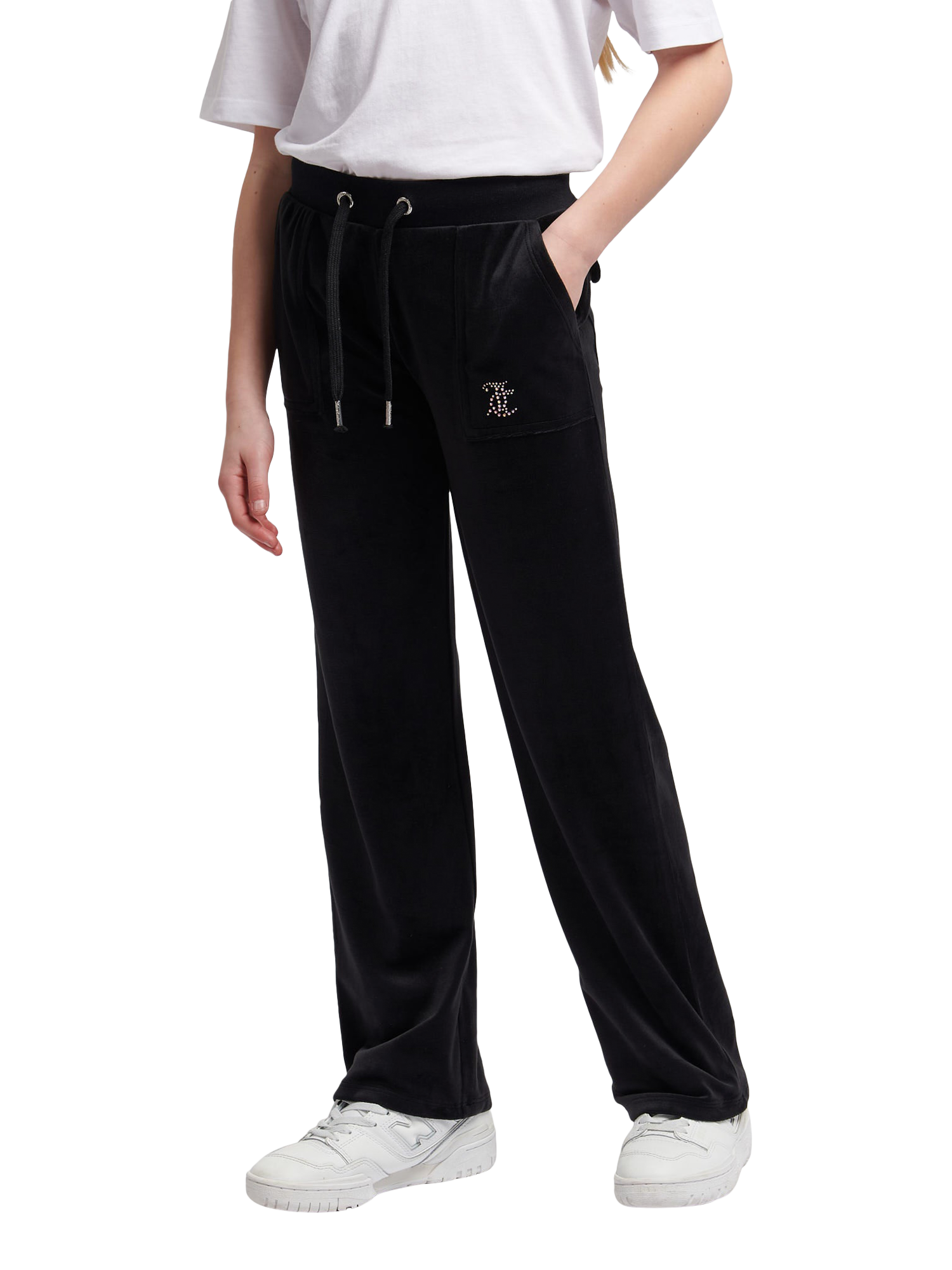 Product image 1 of 8, which shows Juicy Couture Kids' Diamante Wide Leg Jogging Bottoms, Jet Black, 7-8 years