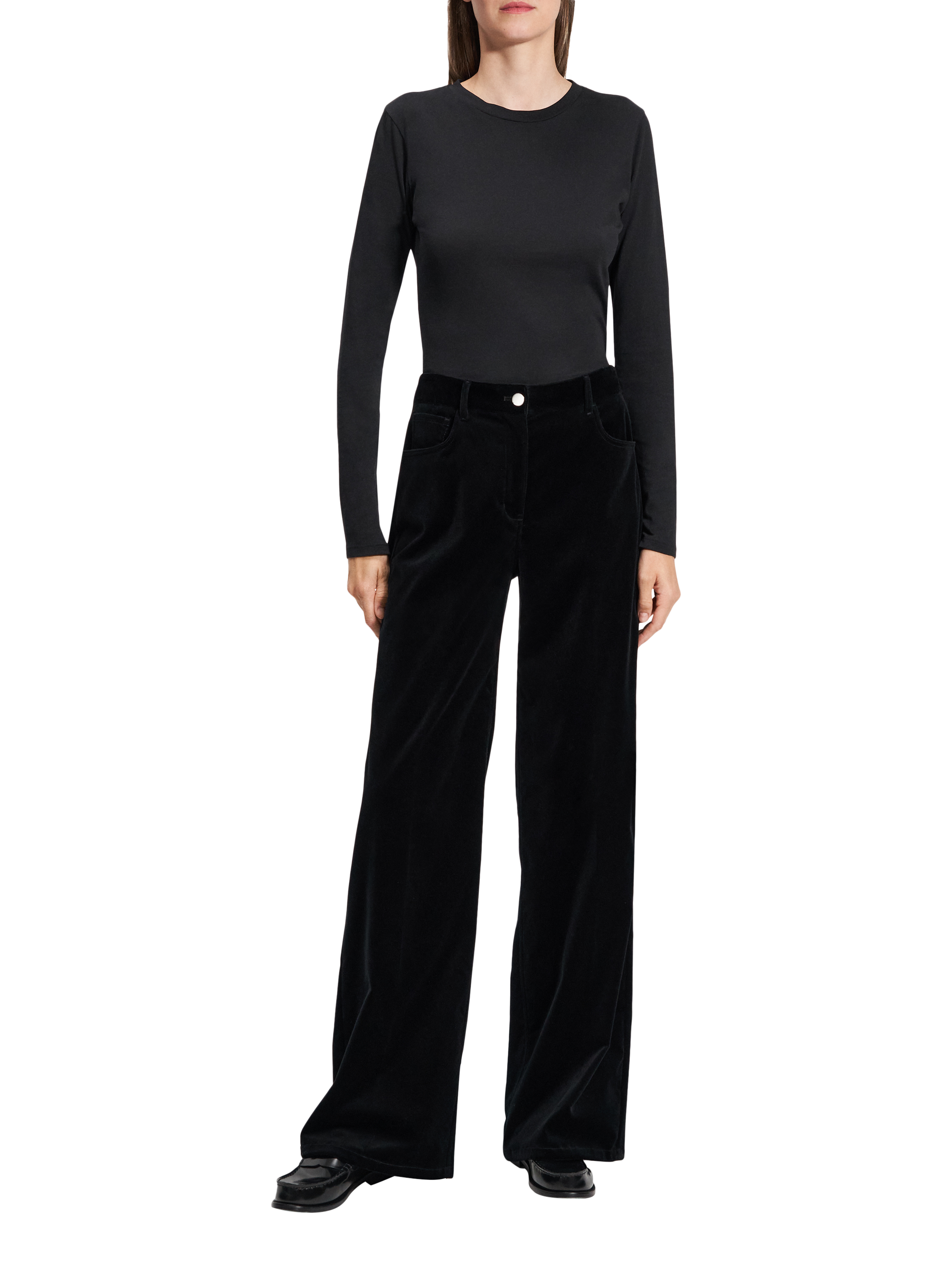 Product image 1 of 8, which shows Theory Tailored Wide Leg Velvet Trousers, Black, 10
