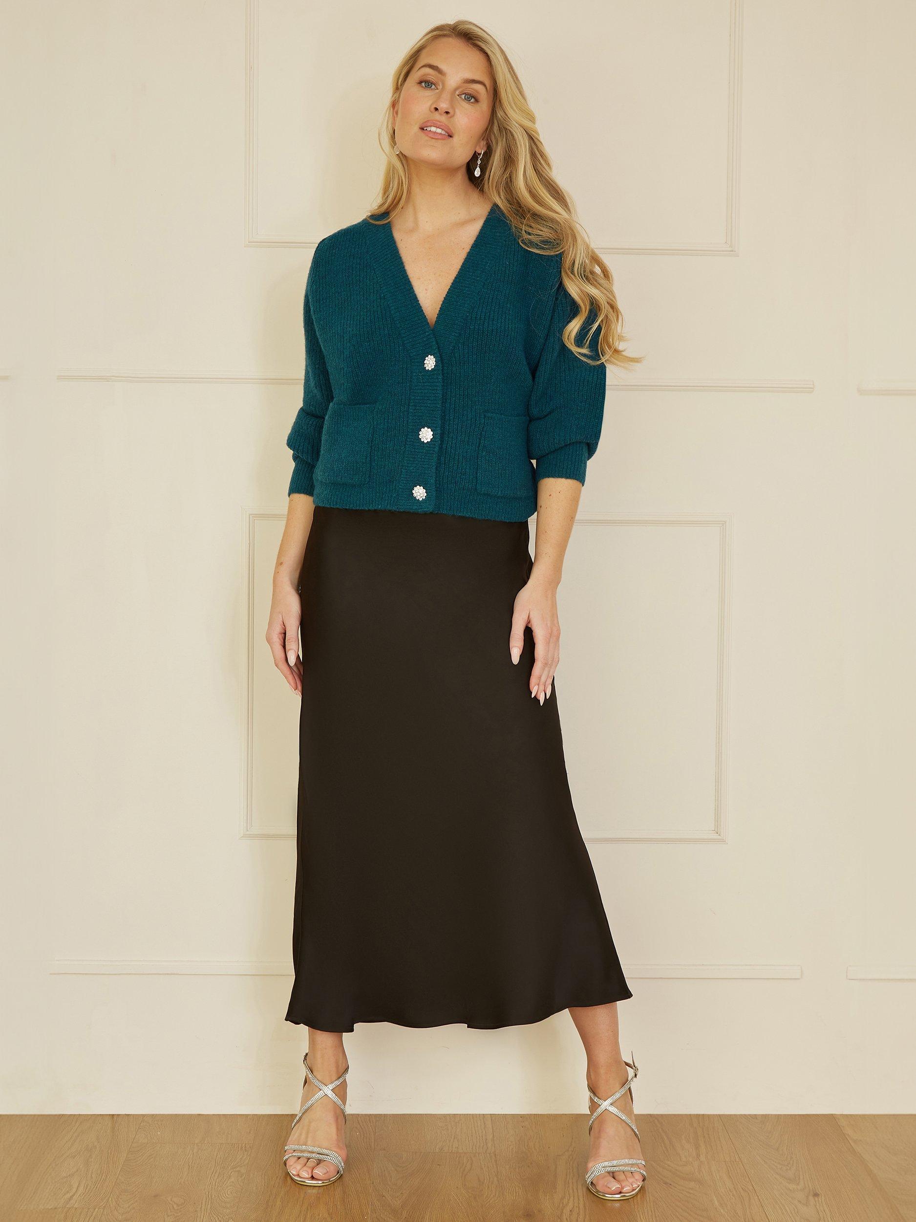 Product image 2 of 6, which shows Yumi Daisy Button Knit Cardigan, Green, S-M