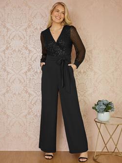 Yumi Long Sleeve Sequin Jumpsuit, Black, Black