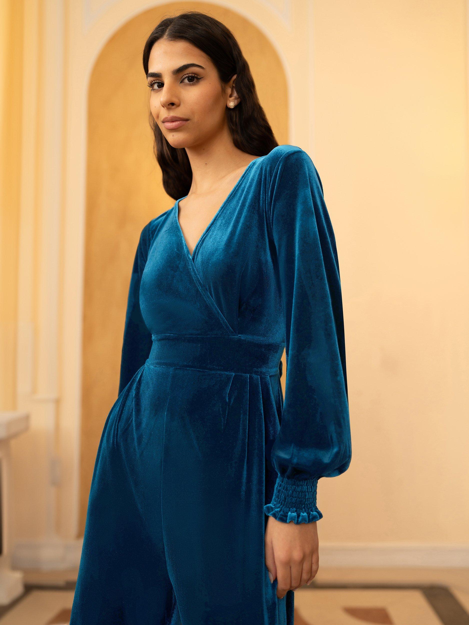 Product image 2 of 6, which shows Yumi Velvet Long Sleeve Jumpsuit, Teal, 8