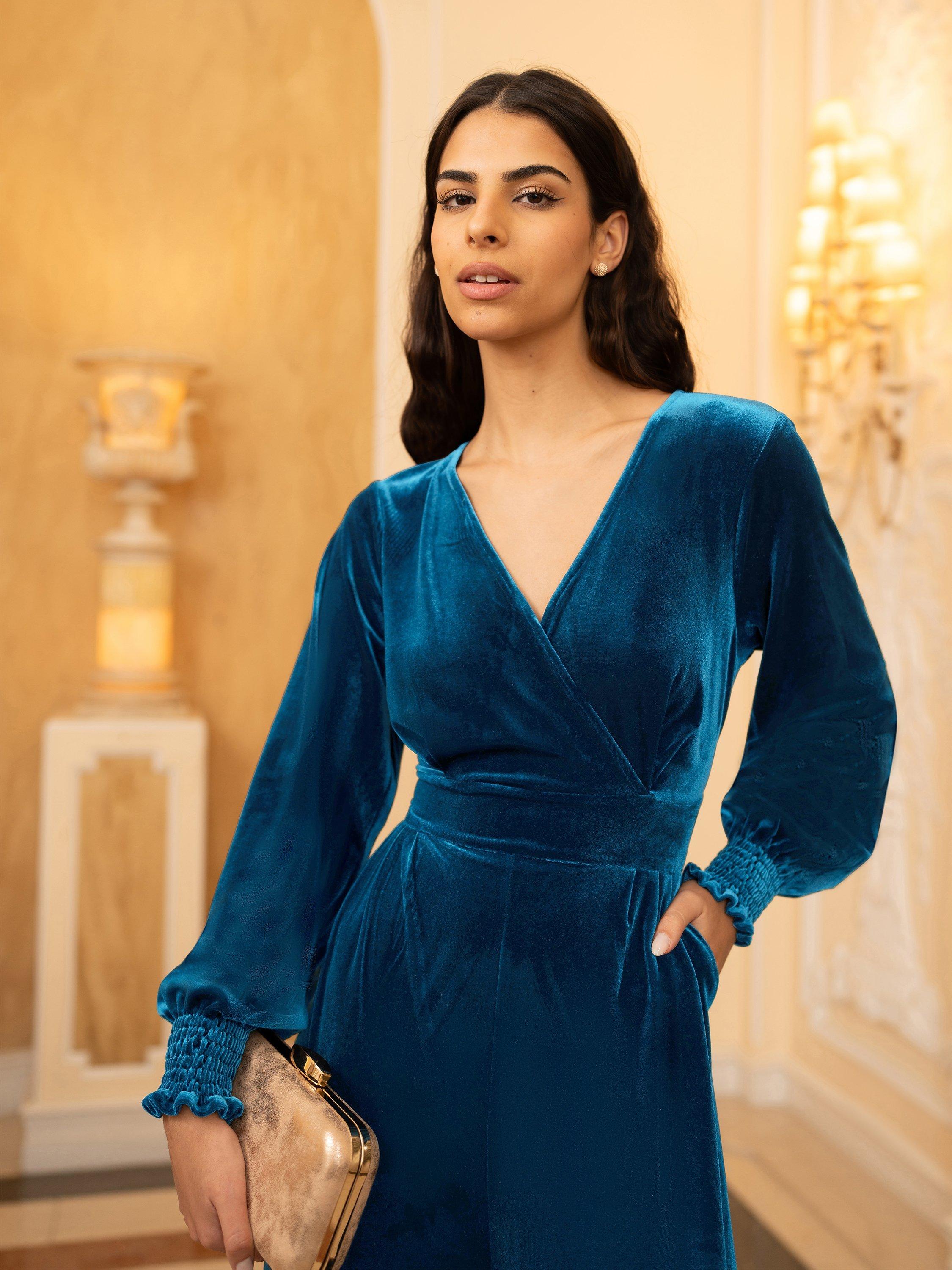 Product image 3 of 6, which shows Yumi Velvet Long Sleeve Jumpsuit, Teal, 8