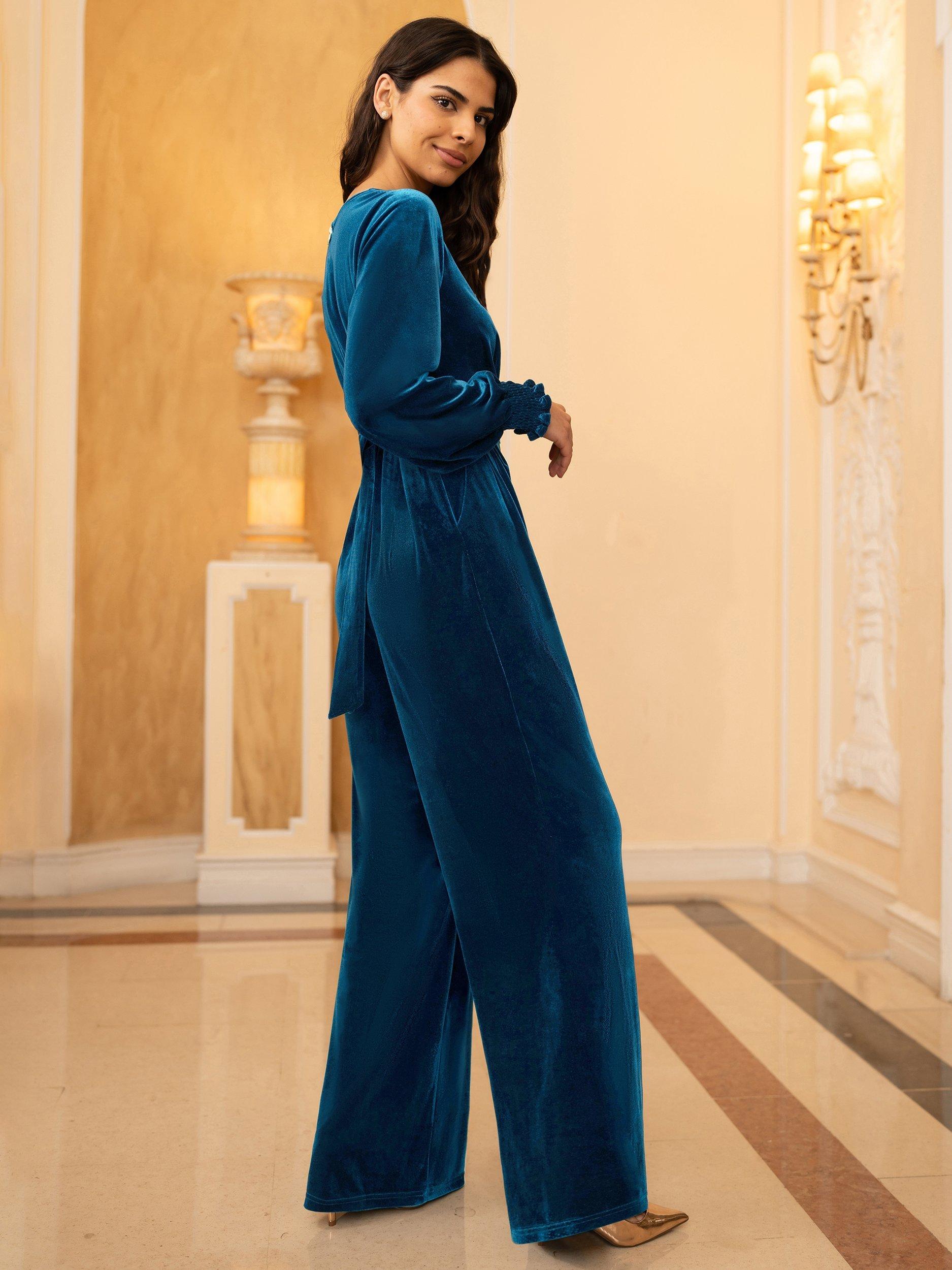 Product image 4 of 6, which shows Yumi Velvet Long Sleeve Jumpsuit, Teal, 8