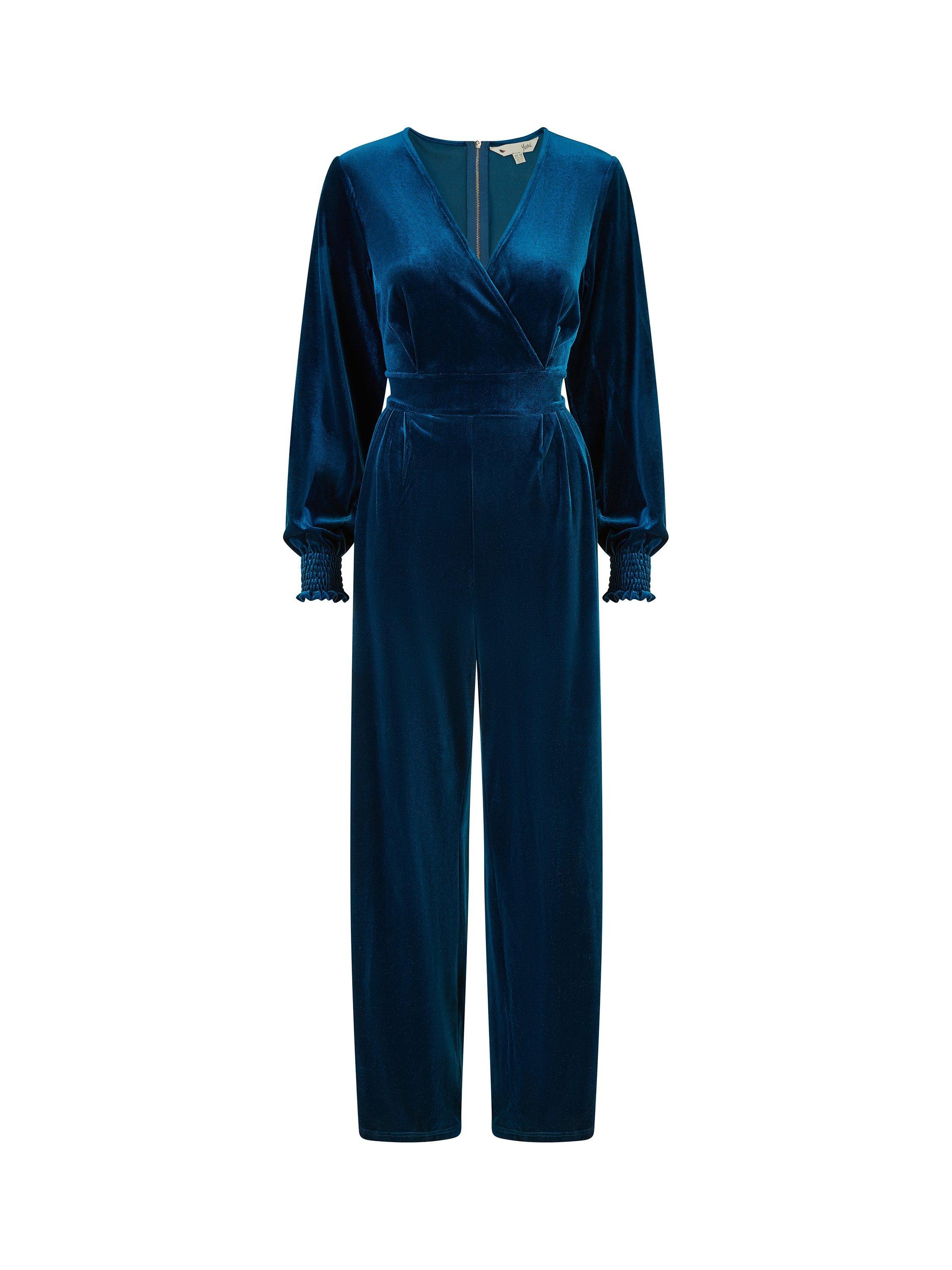 Product image 6 of 6, which shows Yumi Velvet Long Sleeve Jumpsuit, Teal, 8