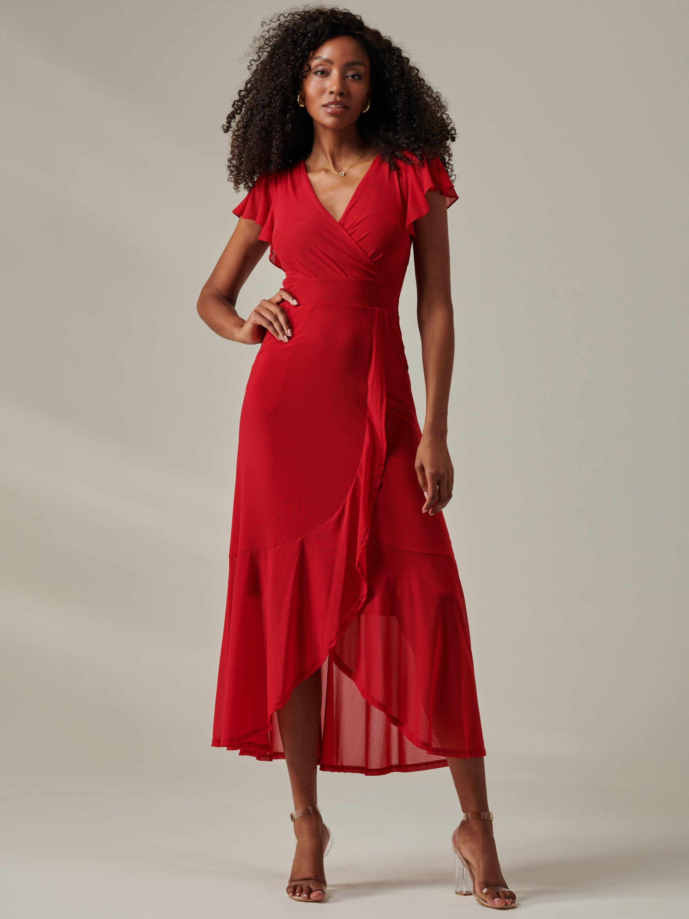 Product image 1 of 7, which shows Jolie Moi Zia Wrap Mesh Dress, Red, 8