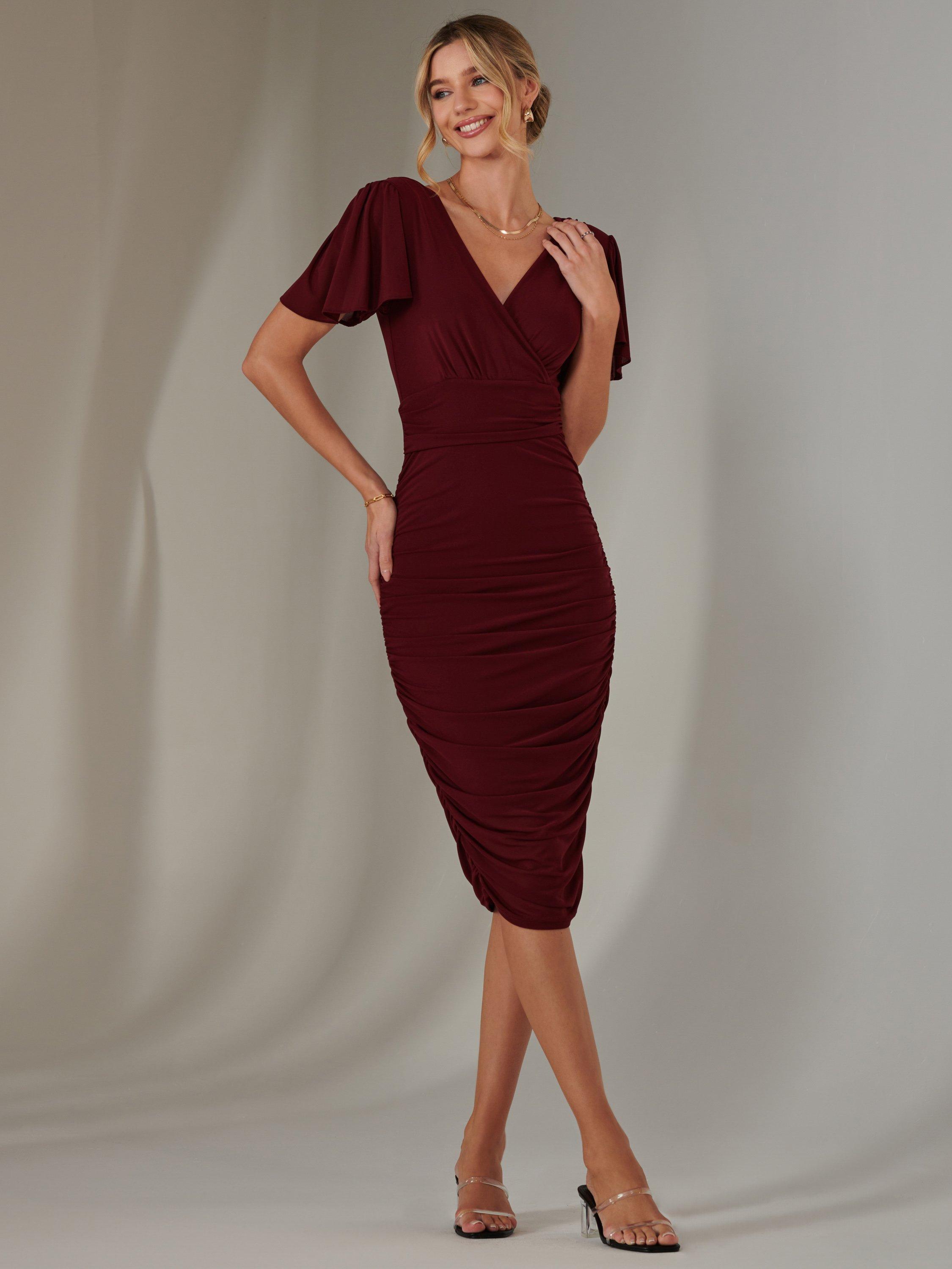 Product image 5 of 7, which shows Jolie Moi Ruched Bodycon Midi Dress, Burgundy, 8