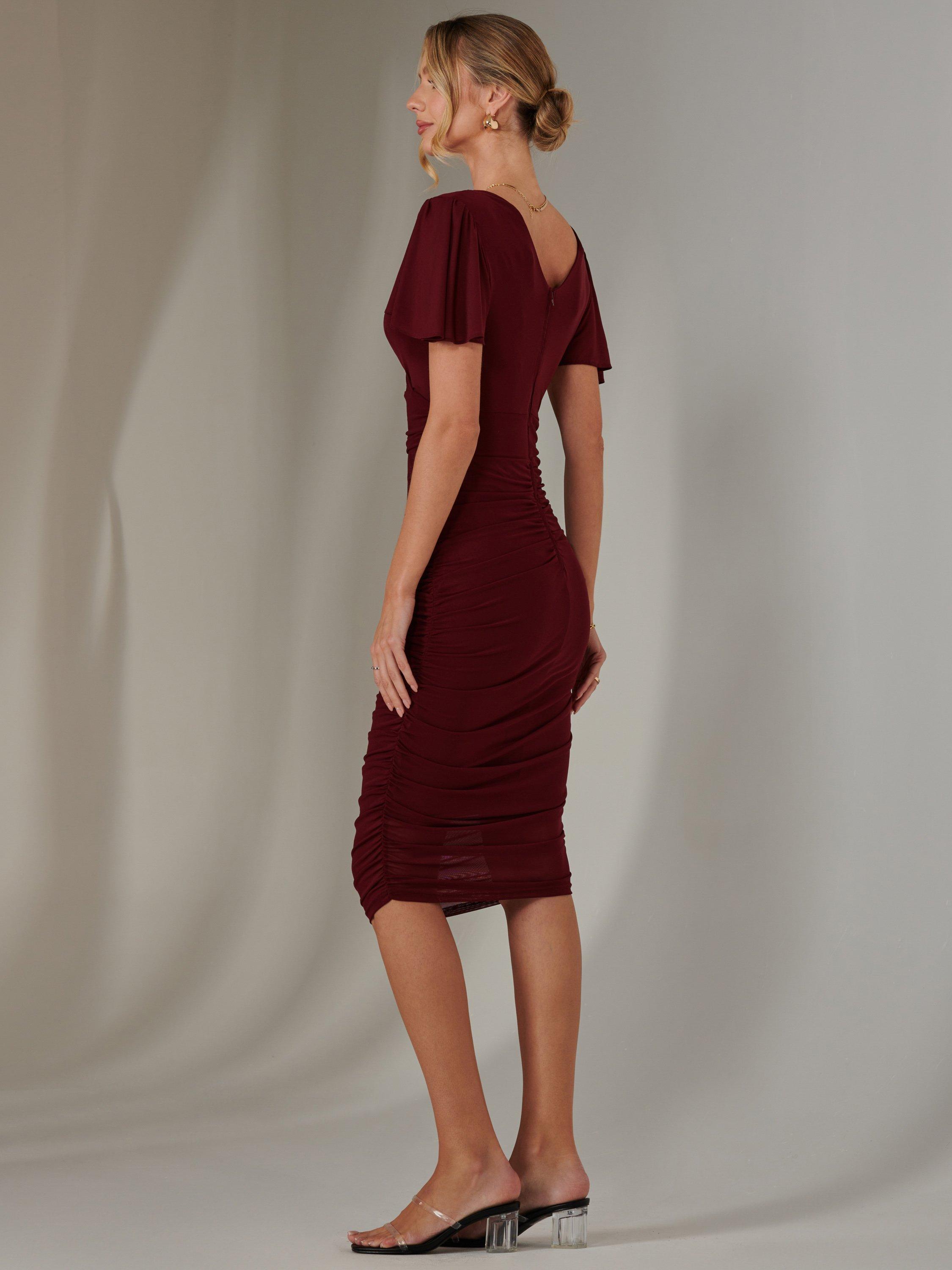 Jolie Moi Ruched Bodycon Midi Dress Burgundy