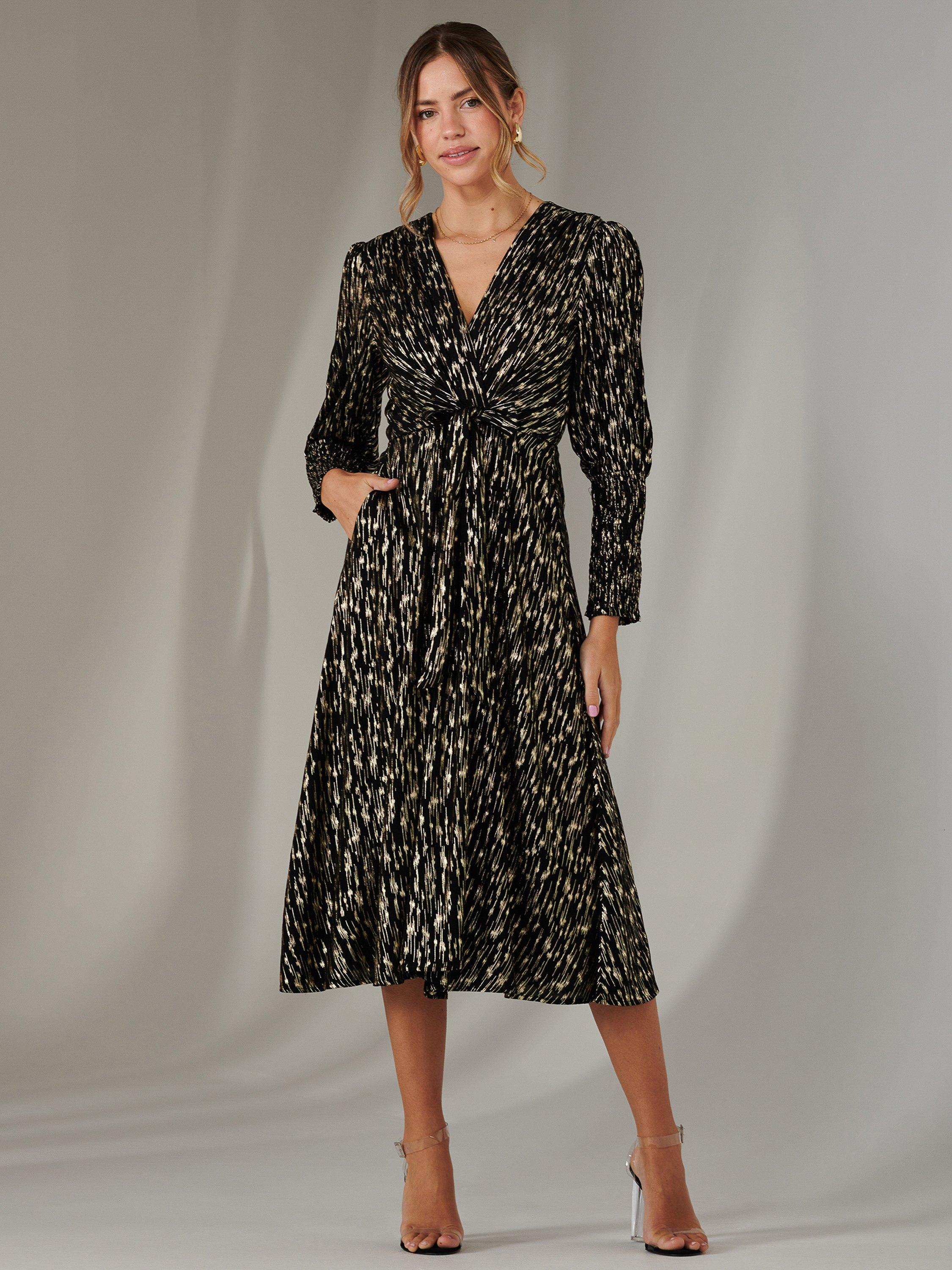 Jolie Moi Layla Metallic Wrap Midi Dress, Black/Gold