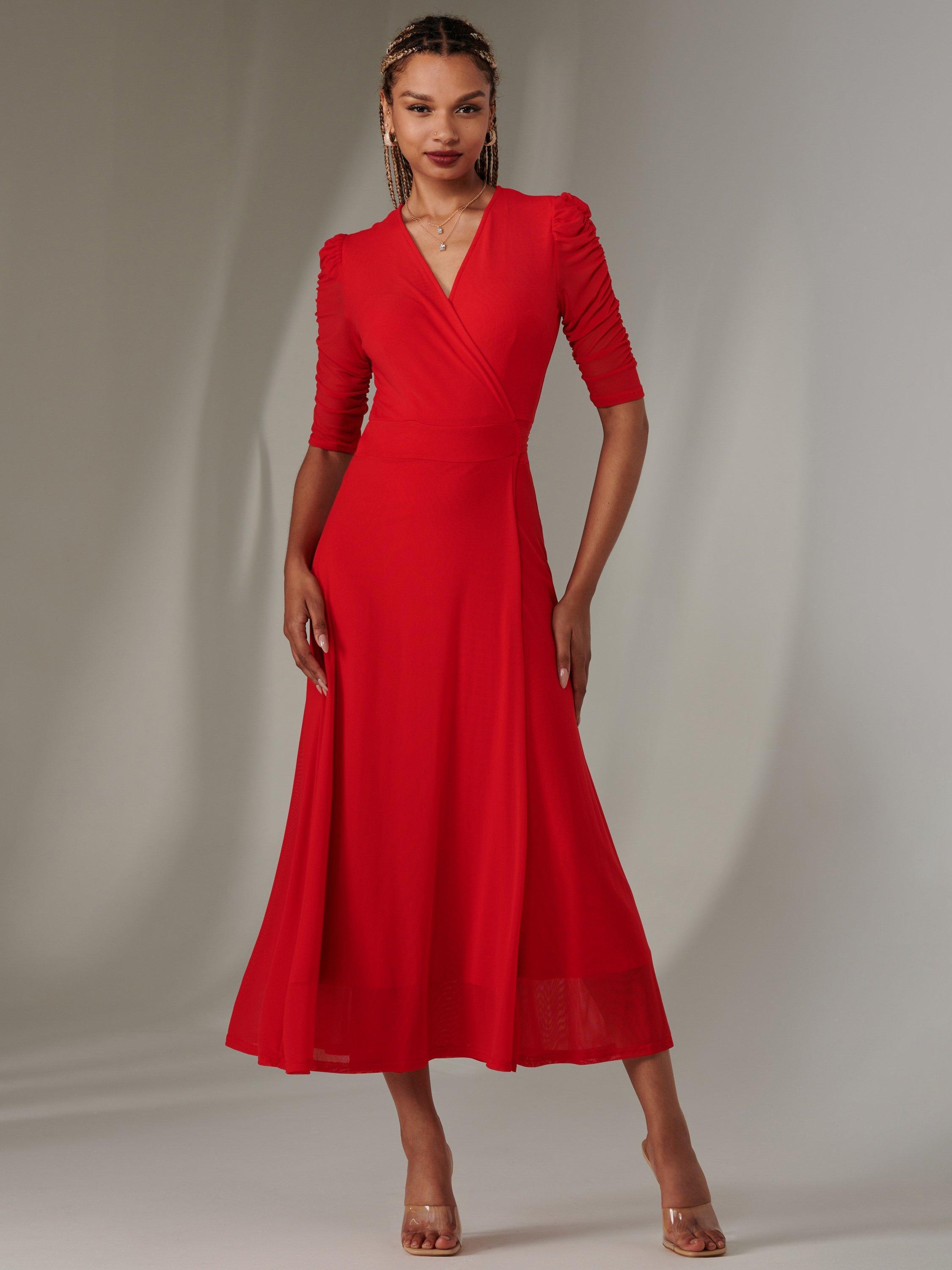 Product image 1 of 7, which shows Jolie Moi Zeena Mesh Ruched Wrap Dress, Red, 8